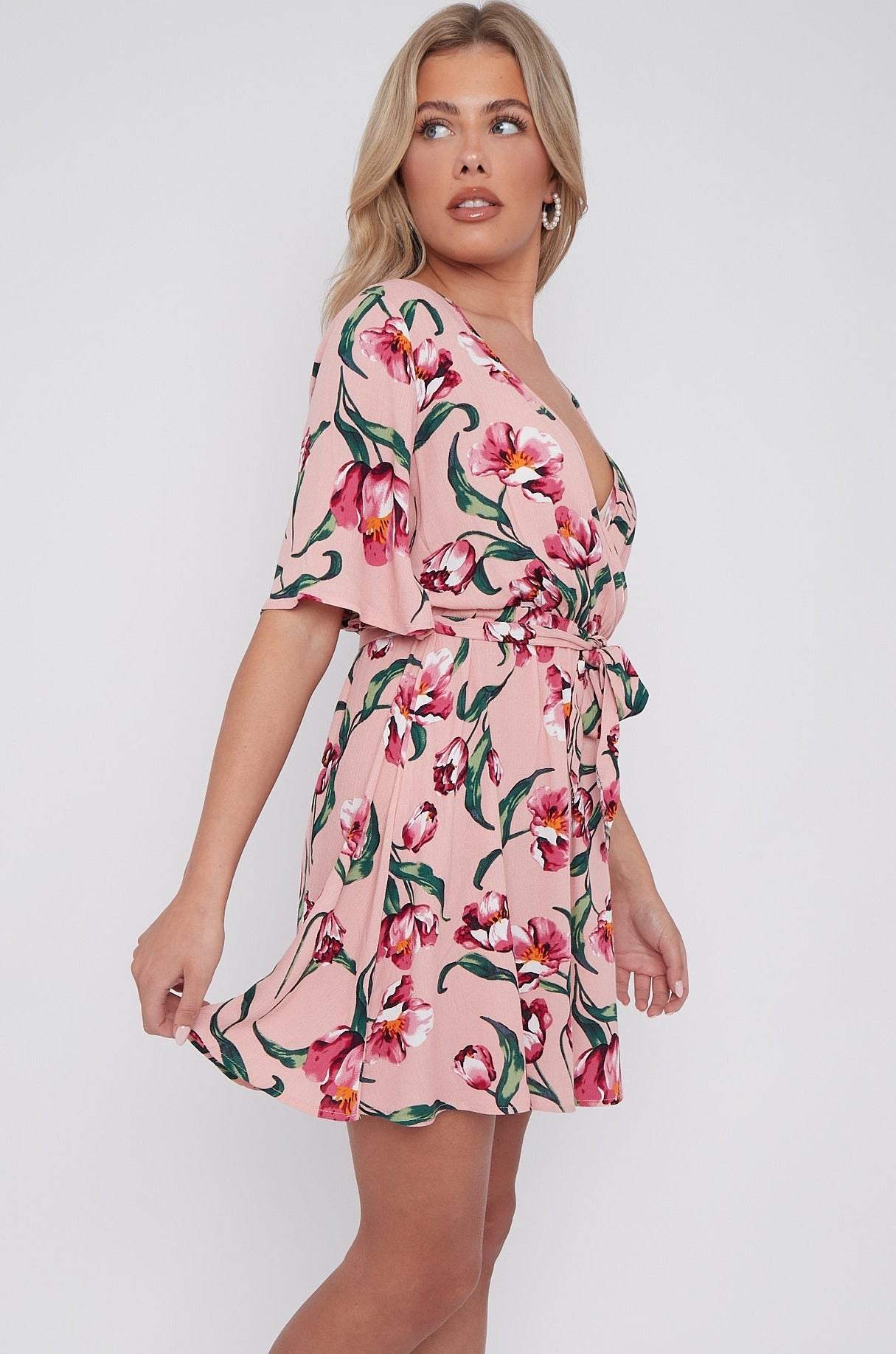 Pink Floral Print Cheese Cloth Wrapped Mini Dress LS-2229-PV5
