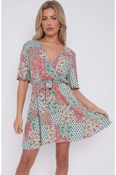 Multi Color - Multi Floral Patch Print Wrapped Mini Dress by LOVE SUNSHINE