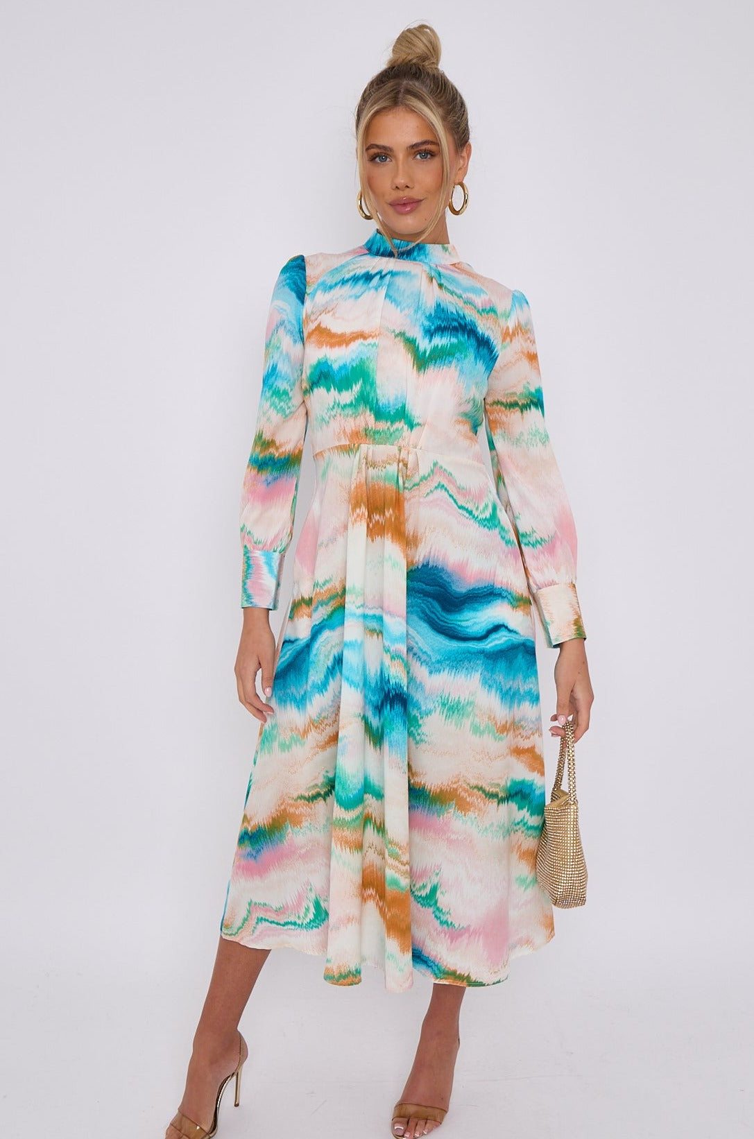 Blue Pink Multi Print Pleated Skirt High Neck Midi Dress LS9099LL-K50