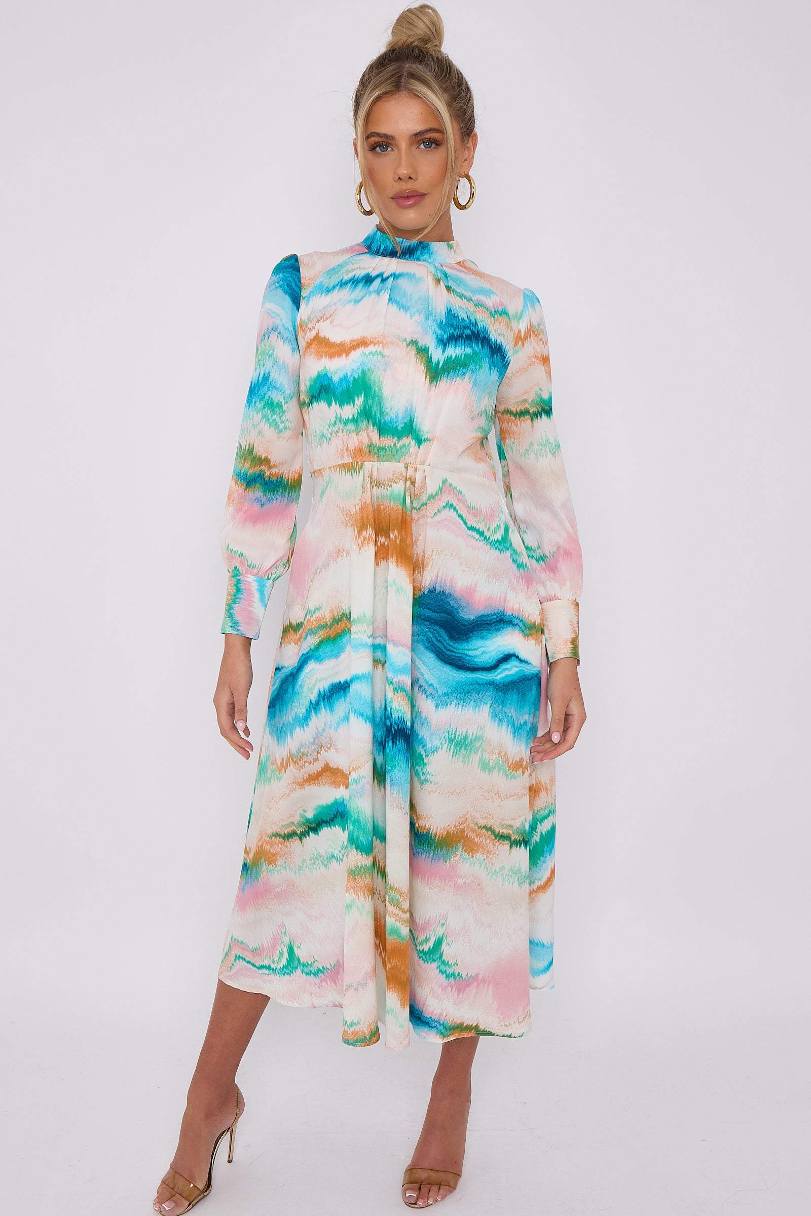 Blue Pink Multi Print Pleated Skirt High Neck Midi Dress LS9099LL-K50