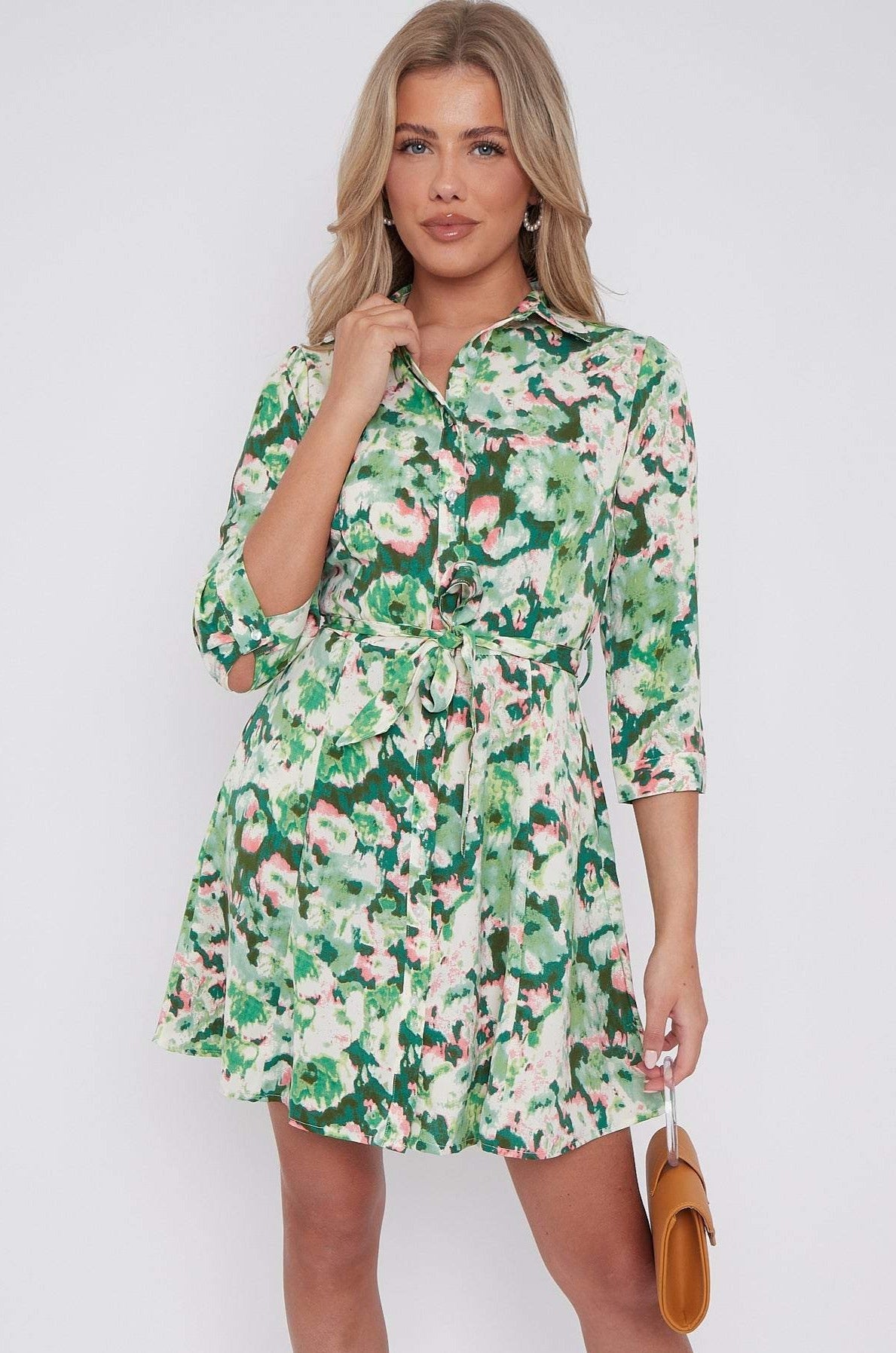 Green Tie Dye Print Belted Mini Shirt Dress LS-2143-G20