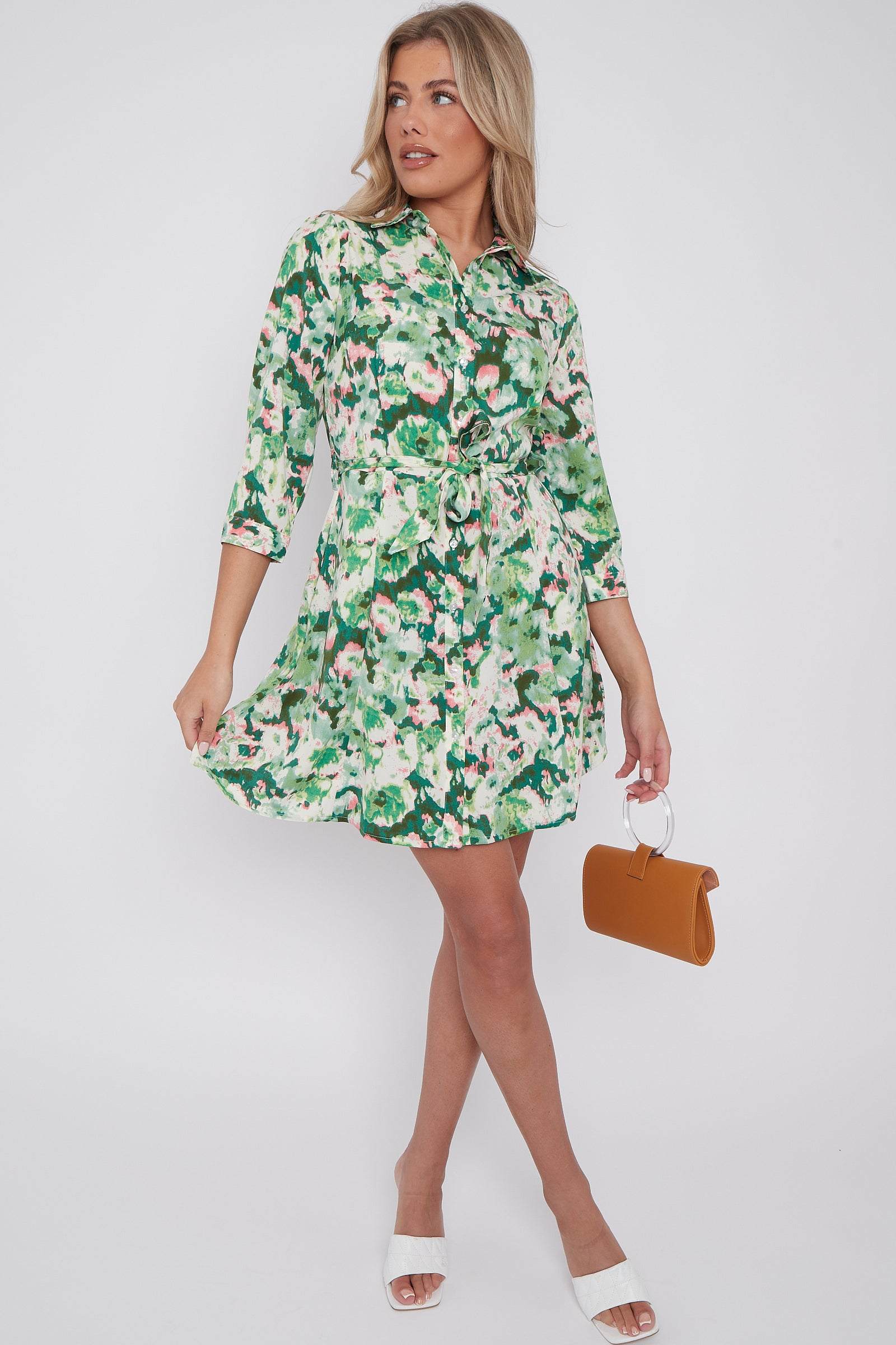 Green Tie Dye Print Belted Mini Shirt Dress LS-2143-G20