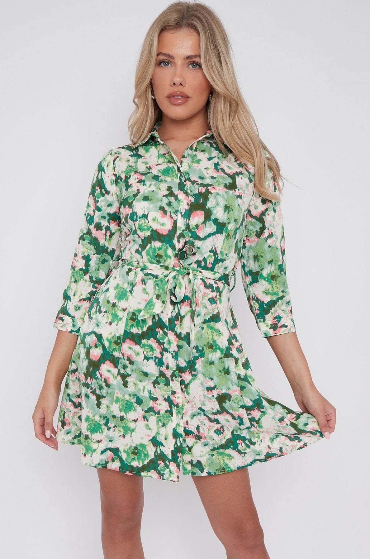 Green Tie Dye Print Belted Mini Shirt Dress LS-2143-G20