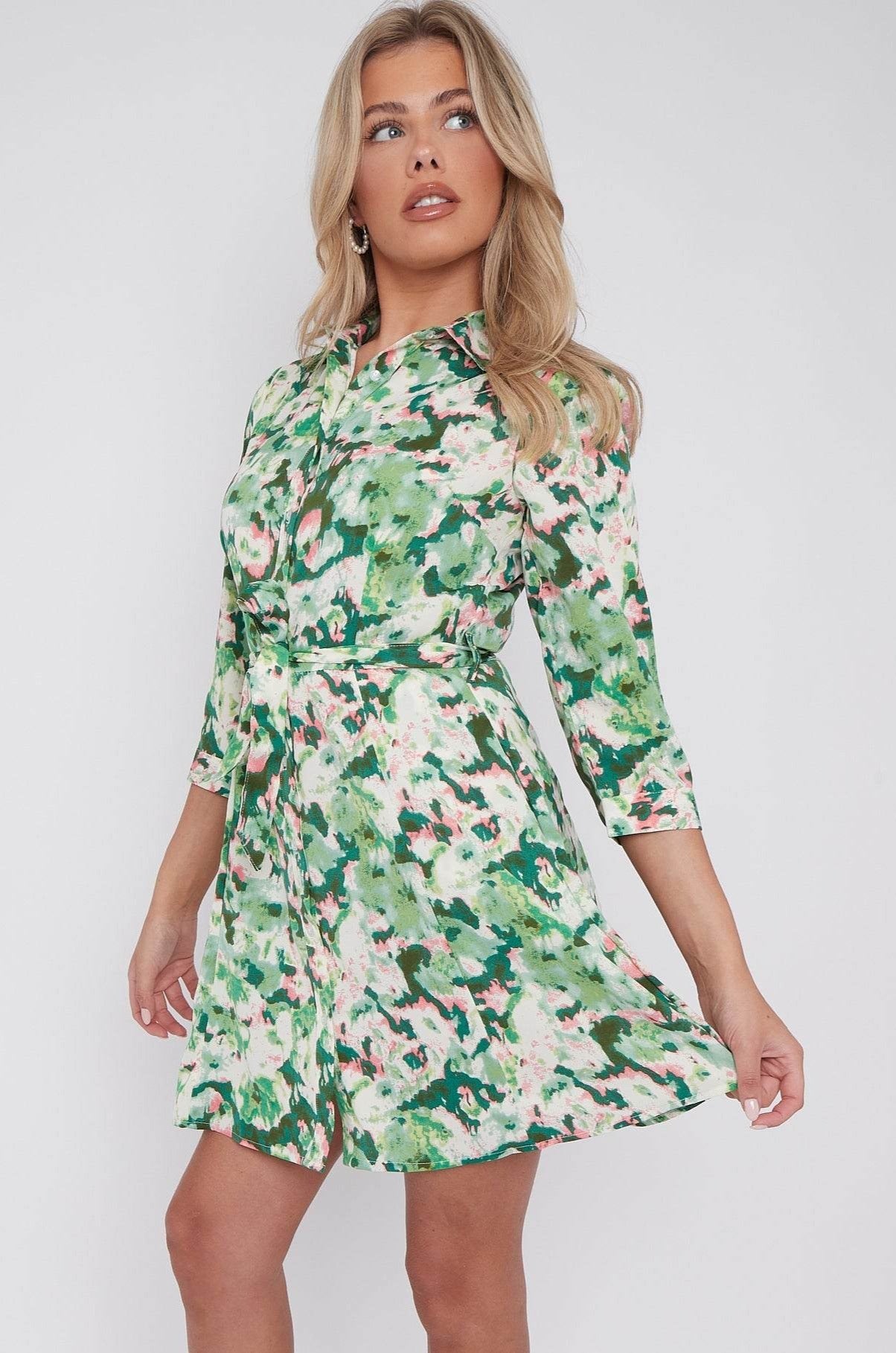 Green Tie Dye Print Belted Mini Shirt Dress LS-2143-G20