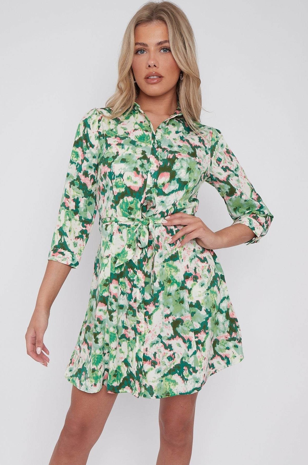 Green Tie Dye Print Belted Mini Shirt Dress LS-2143-G20