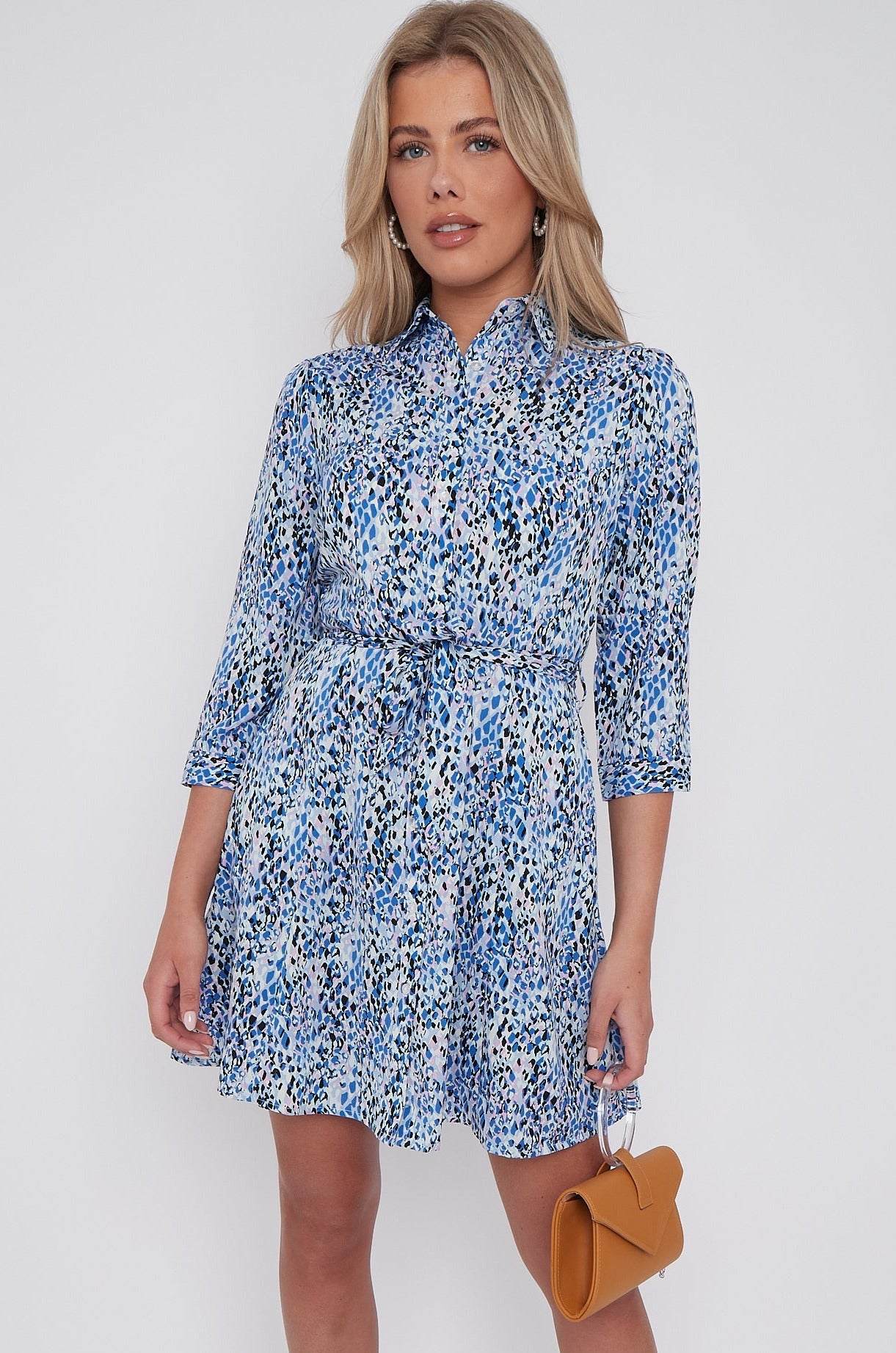Blue Leopard Print Belted Mini Shirt Dress LS-2143-G16