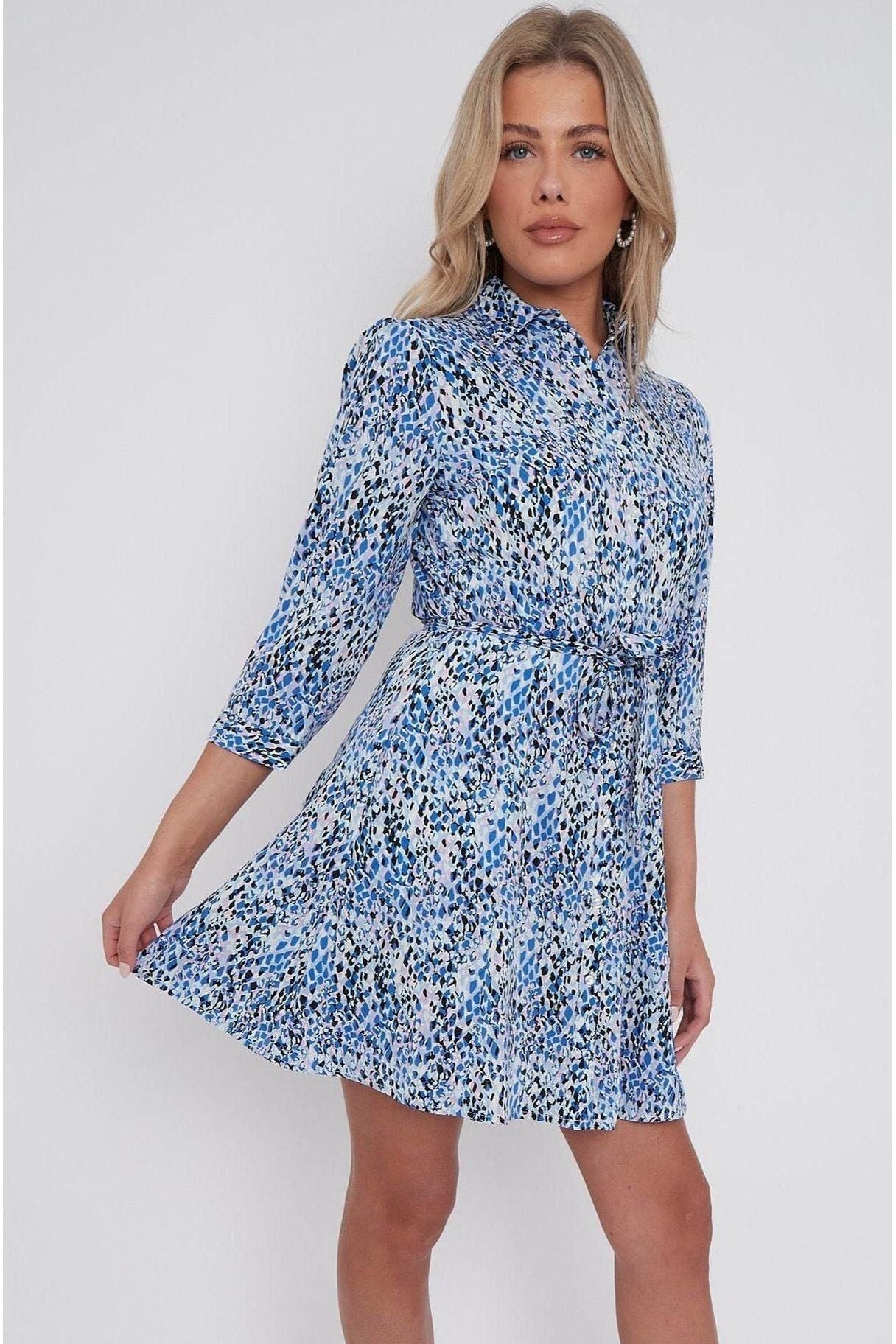 Blue Leopard Print Belted Mini Shirt Dress Goddiva