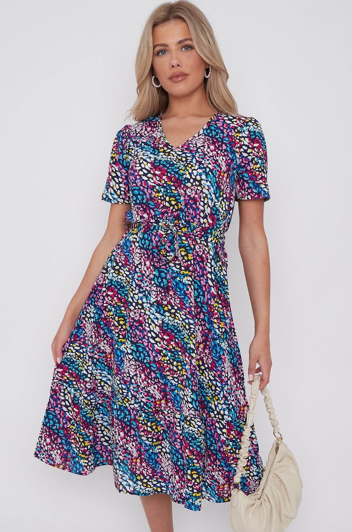 Navy Rainbow Leopard Print V Neck Frilled Hem Midi Dress LS-2421-CQ4