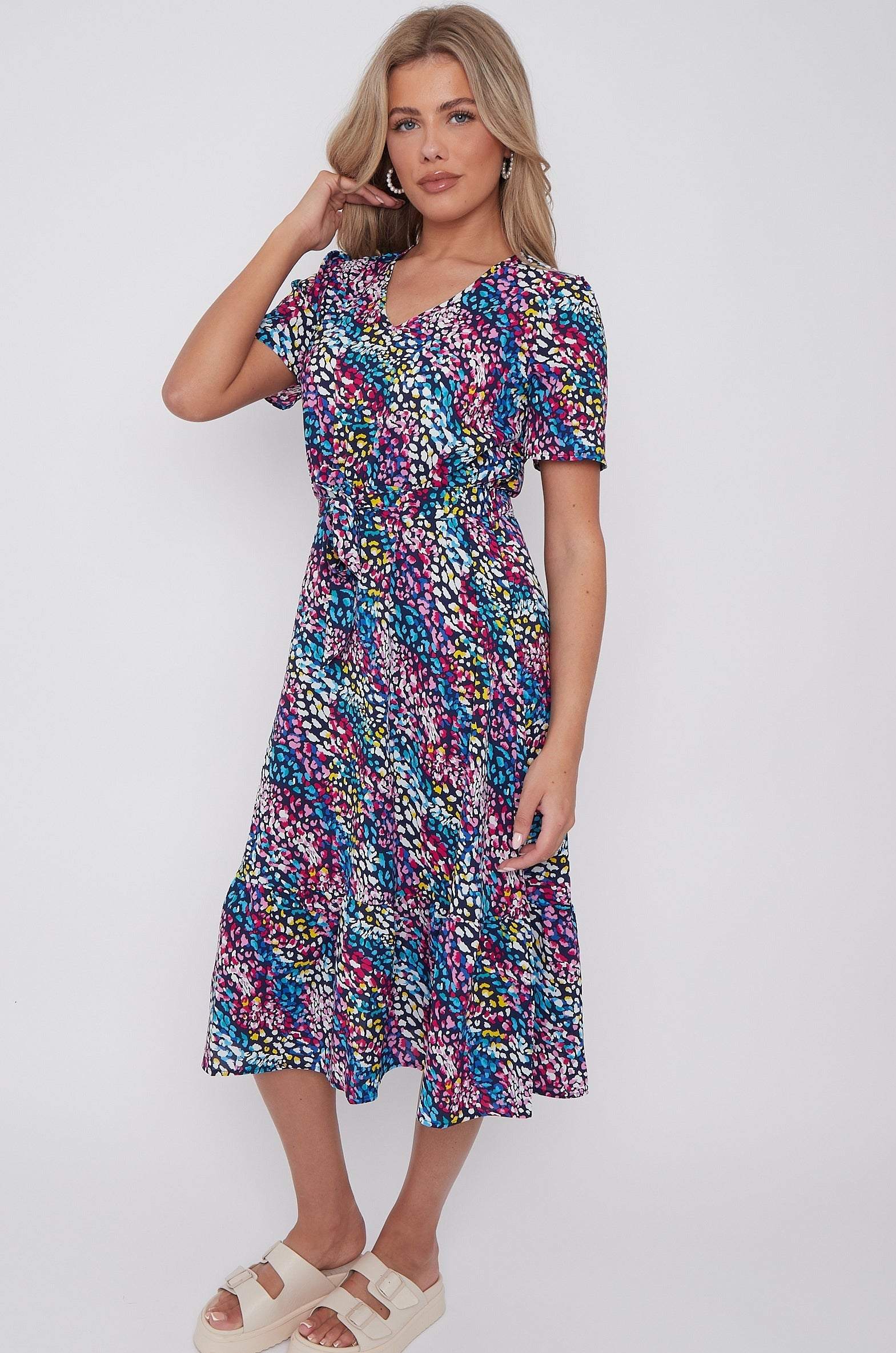 Navy Rainbow Leopard Print V Neck Frilled Hem Midi Dress LS-2421-CQ4