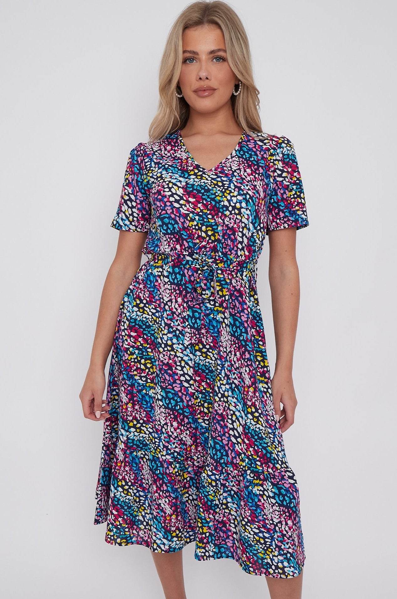 Navy Rainbow Leopard Print V Neck Frilled Hem Midi Dress LS-2421-CQ4