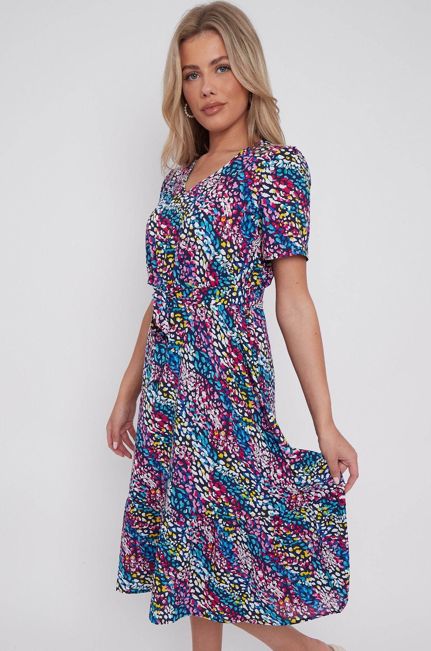 Navy Rainbow Leopard Print V Neck Frilled Hem Midi Dress LS-2421-CQ4