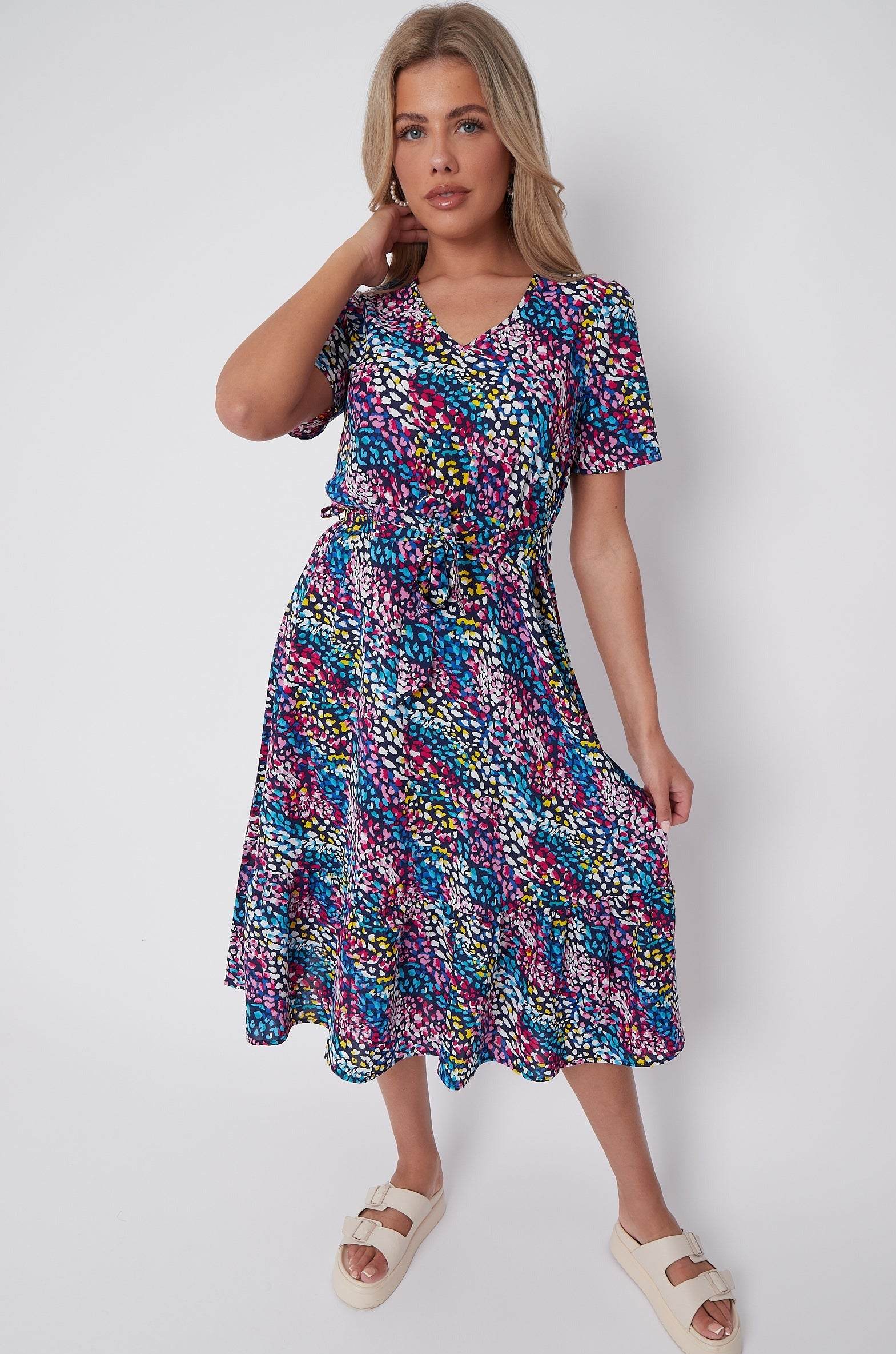 Navy Rainbow Leopard Print V Neck Frilled Hem Midi Dress LS-2421-CQ4