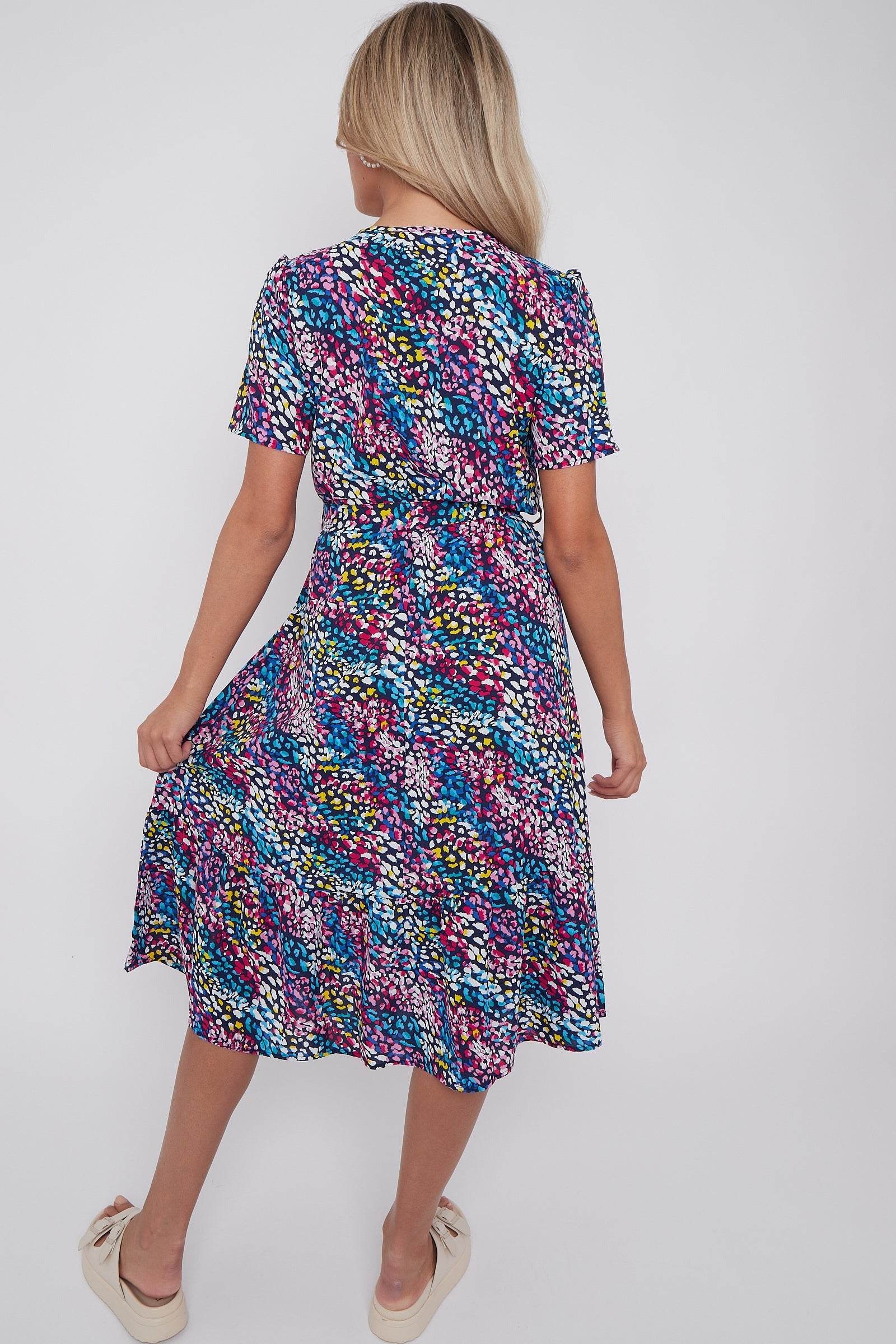 Navy Rainbow Leopard Print V Neck Frilled Hem Midi Dress LS-2421-CQ4