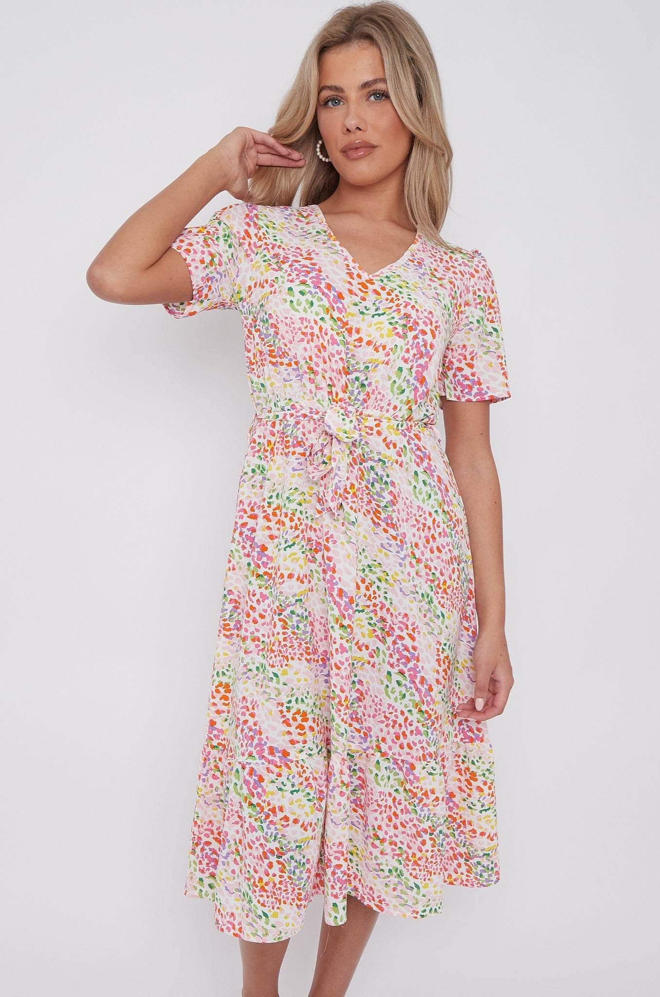 Rainbow Leopard Print V Neck Frilled Hem Midi Dress LS-2421-CQ3