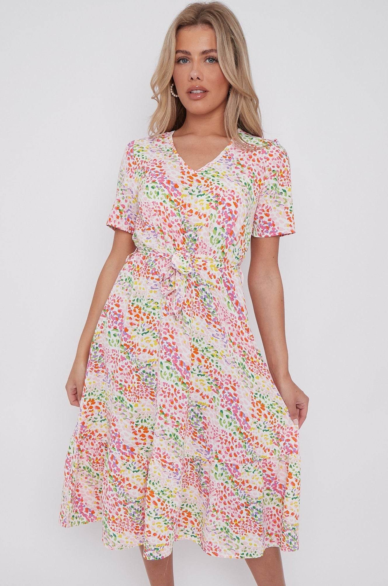 Rainbow Leopard Print V Neck Frilled Hem Midi Dress LS-2421-CQ3