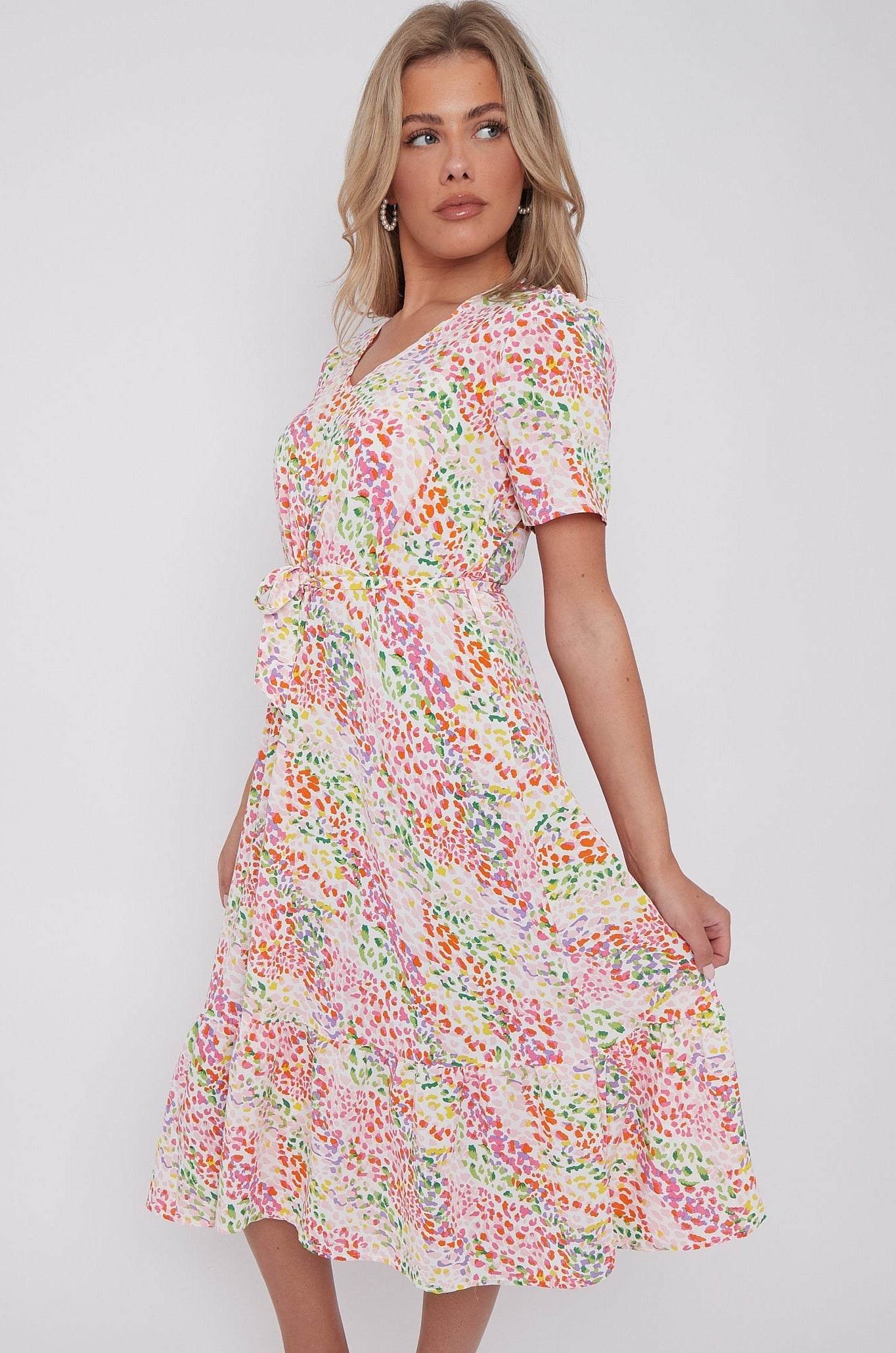 Rainbow Leopard Print V Neck Frilled Hem Midi Dress LS-2421-CQ3