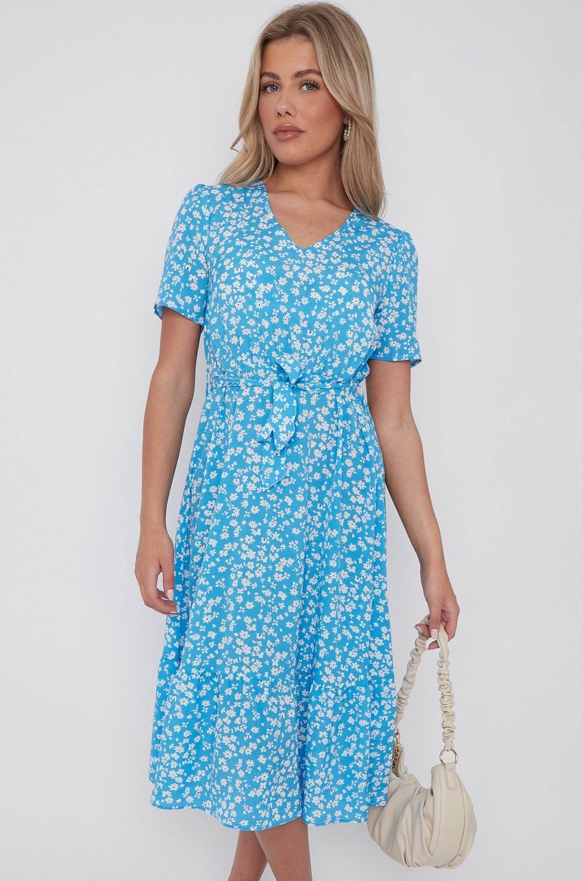 Blue Floral Print V Neck Frilled Hem Midi Dress LS-2421-CQ1