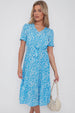 LOVE SUNSHINE Blue Floral Print V Neck Frilled Hem Midi Dress