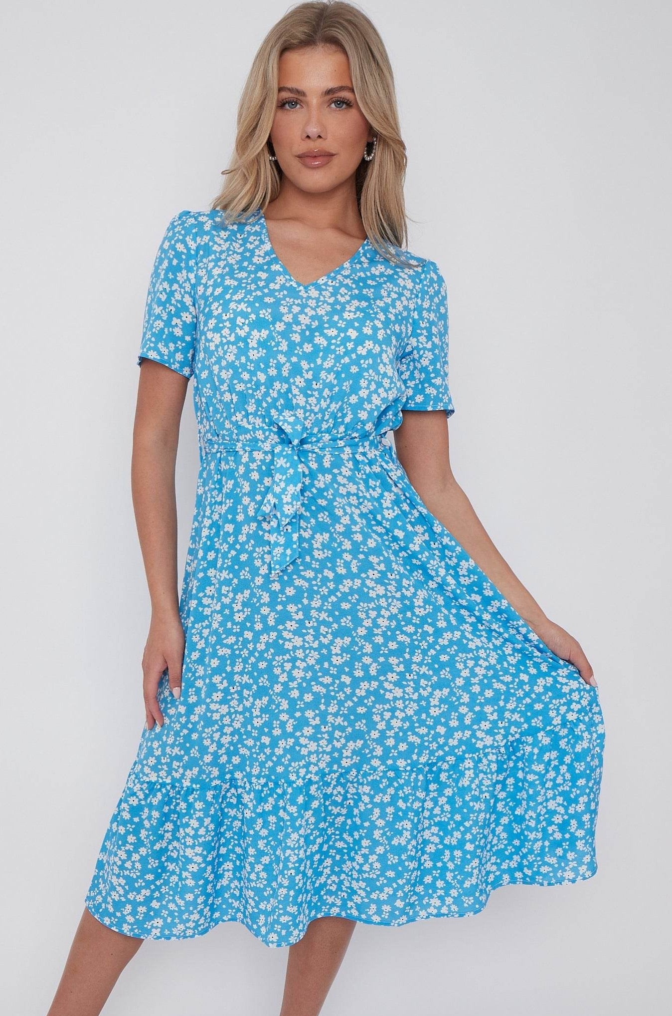 Blue Floral Print V Neck Frilled Hem Midi Dress LS-2421-CQ1