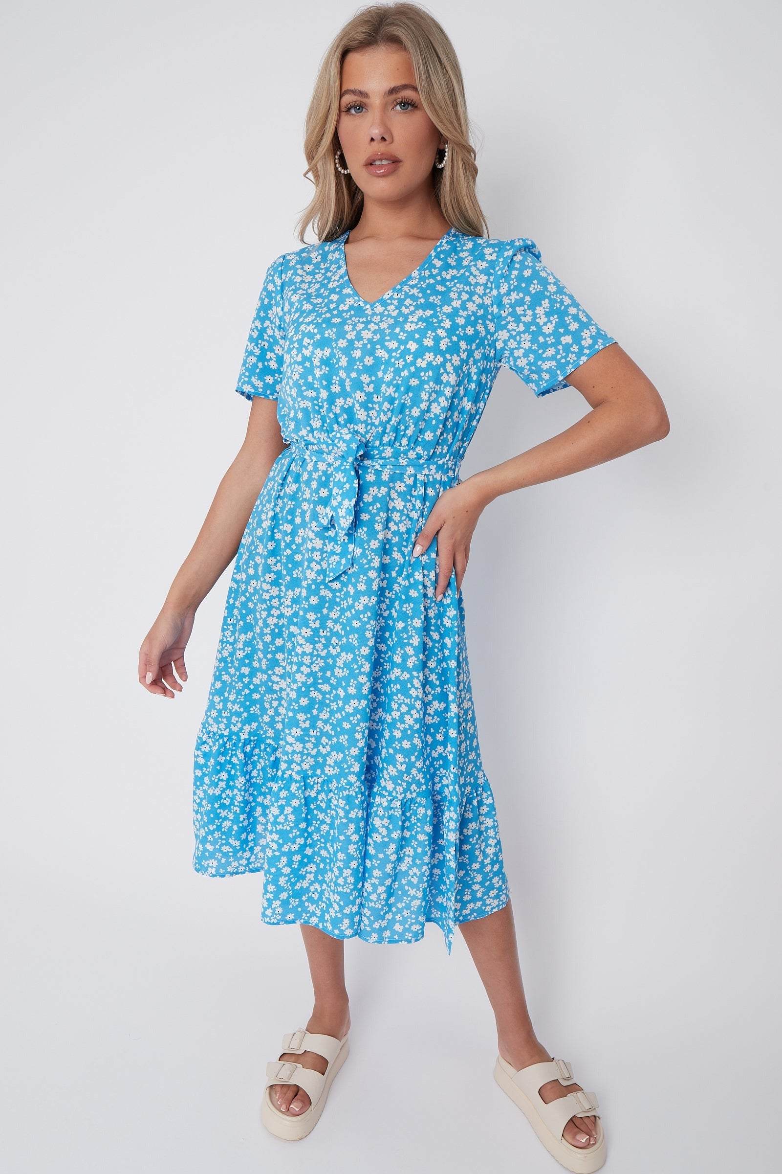 Blue Floral Print V Neck Frilled Hem Midi Dress LS-2421-CQ1