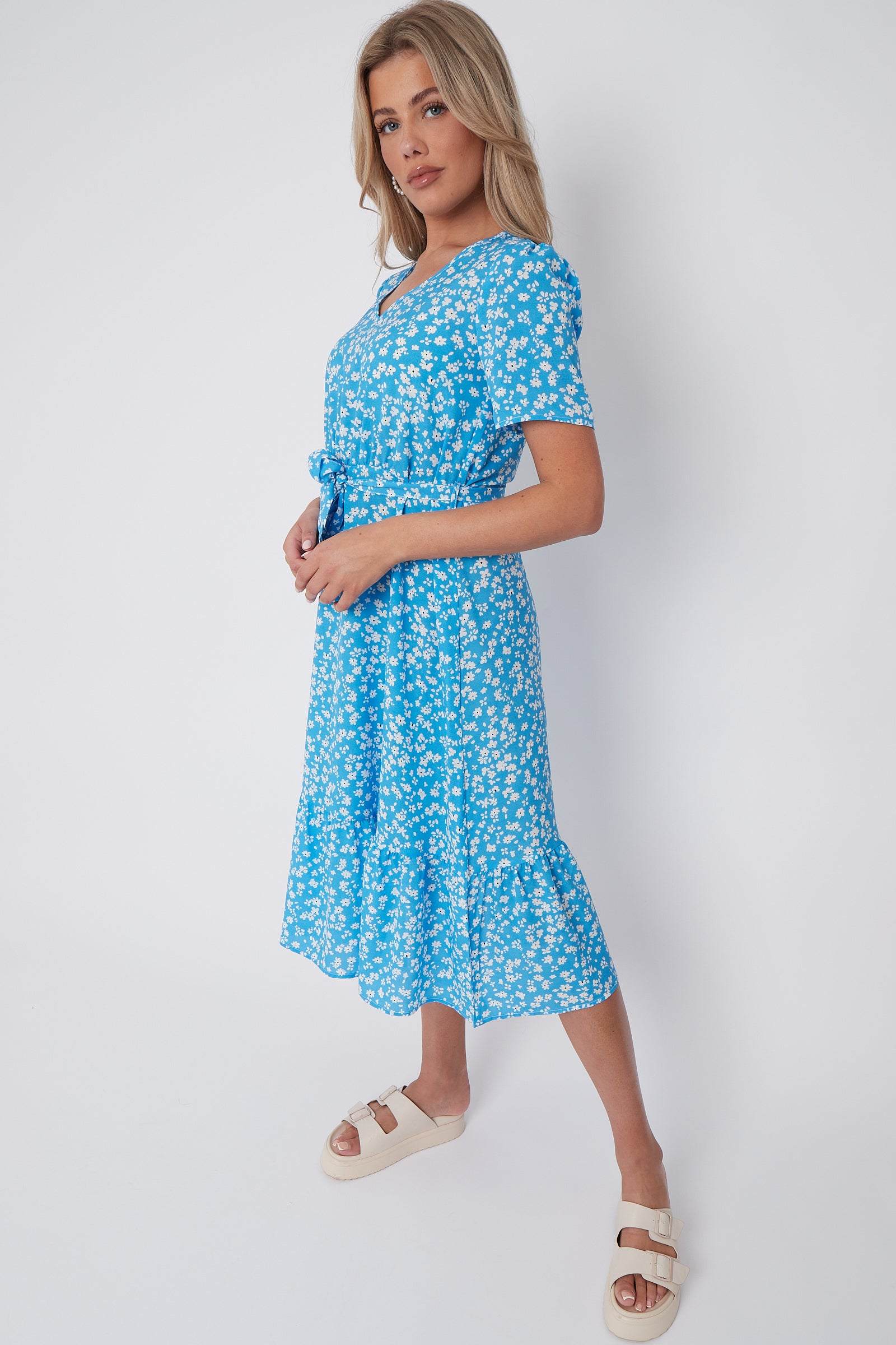 Blue Floral Print V Neck Frilled Hem Midi Dress LS-2421-CQ1