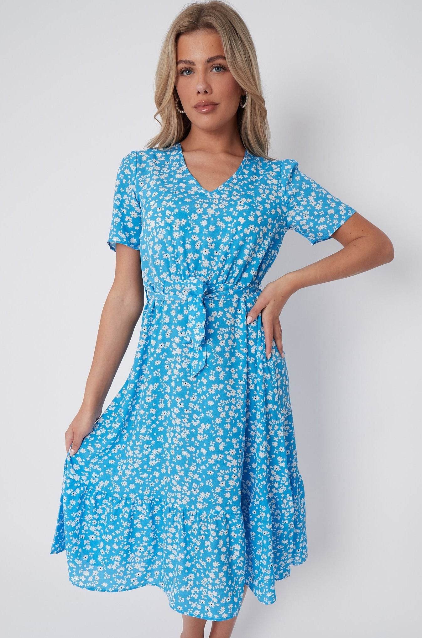 Blue Floral Print V Neck Frilled Hem Midi Dress LS-2421-CQ1