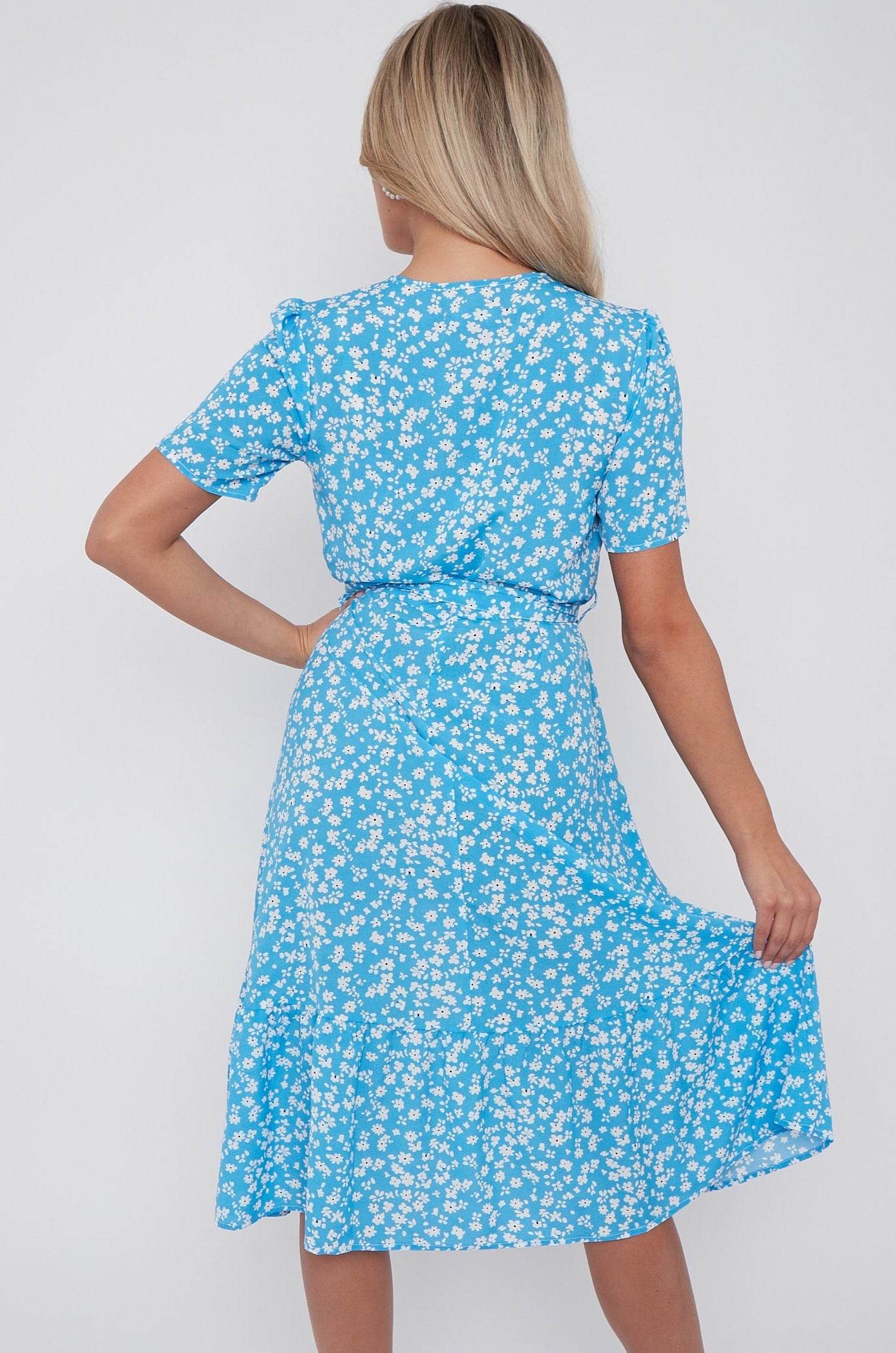 Blue Floral Print V Neck Frilled Hem Midi Dress LS-2421-CQ1