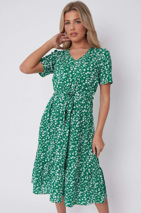 Green Floral Print V Neck Frilled Hem Midi Dress LS-2421-CQ2