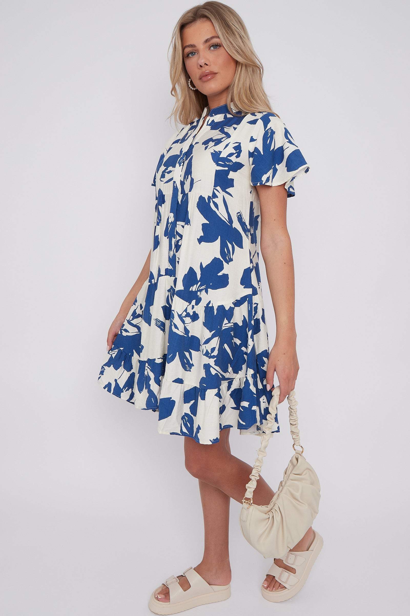 Blue Floral Print Short Sleeve Flared Mini Dress LS-2339-EK3