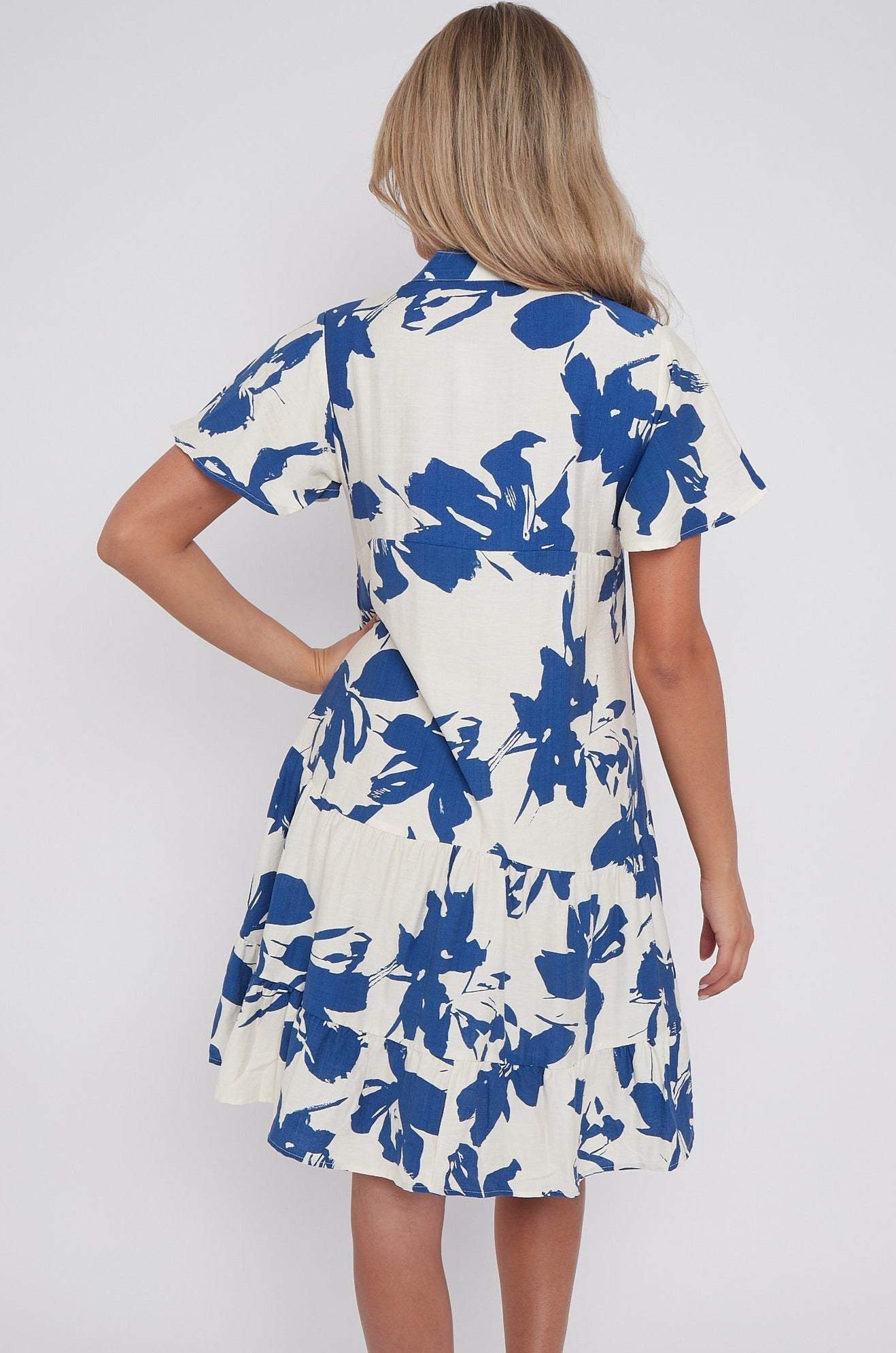 Blue Floral Print Short Sleeve Flared Mini Dress LS-2339-EK3
