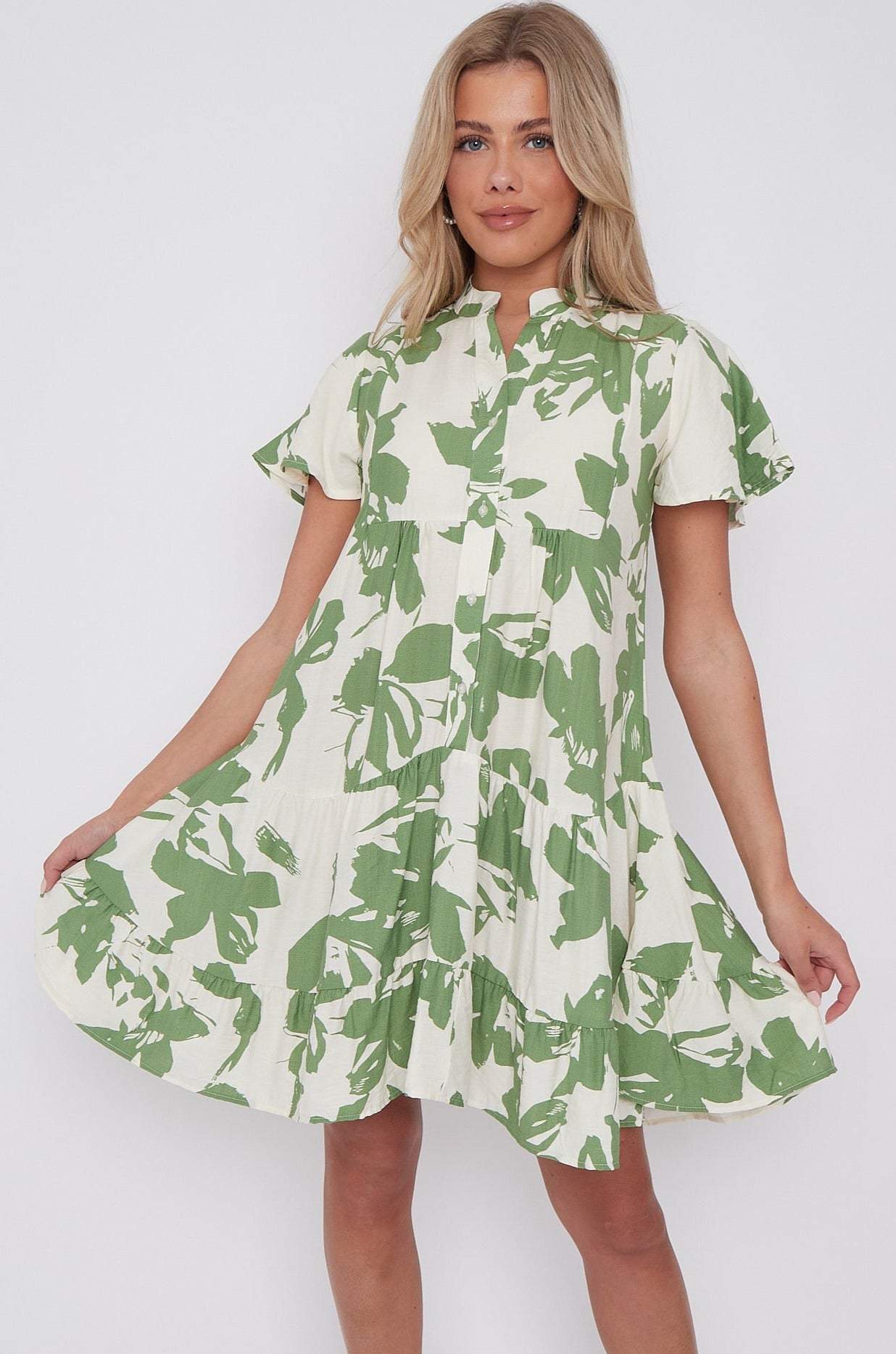 Green Floral Print Short Sleeve Flared Mini Dress LS-2339-EK4