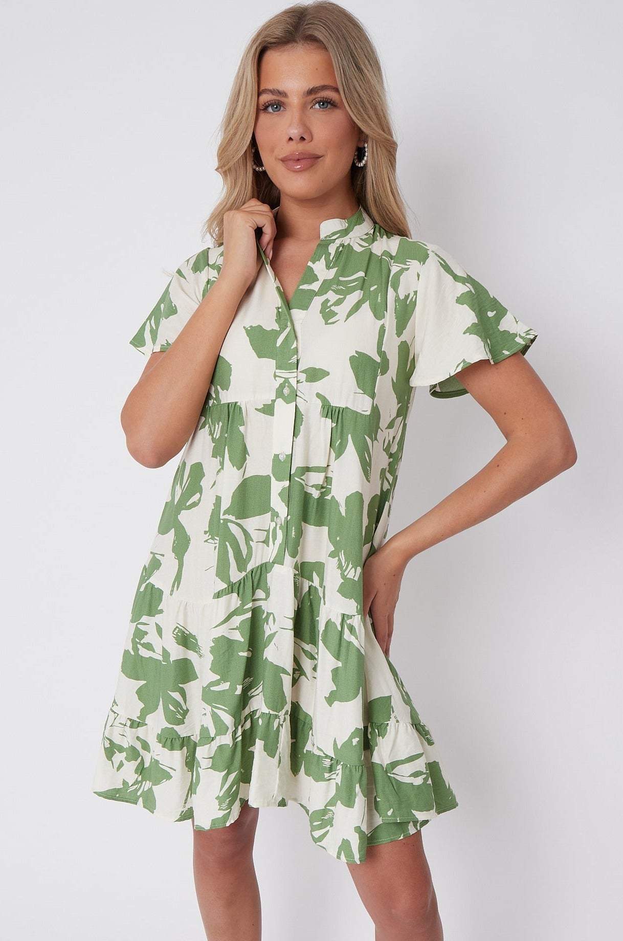 Green Floral Print Short Sleeve Flared Mini Dress LS-2339-EK4
