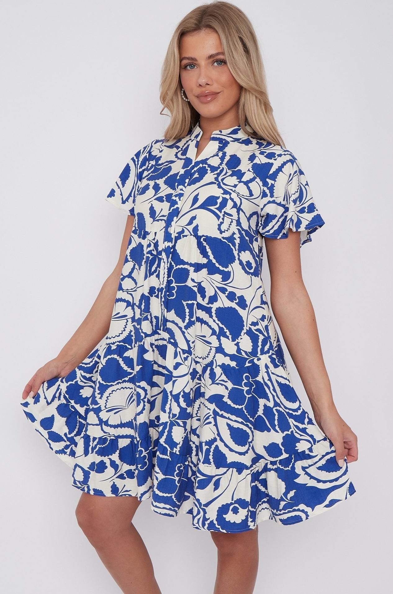 Blue Paisley Floral Print Short Sleeve Flared Mini Dress LS-2339-EK1