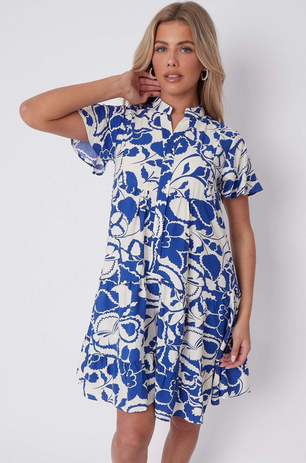 Blue Paisley Floral Print Short Sleeve Flared Mini Dress LS-2339-EK1