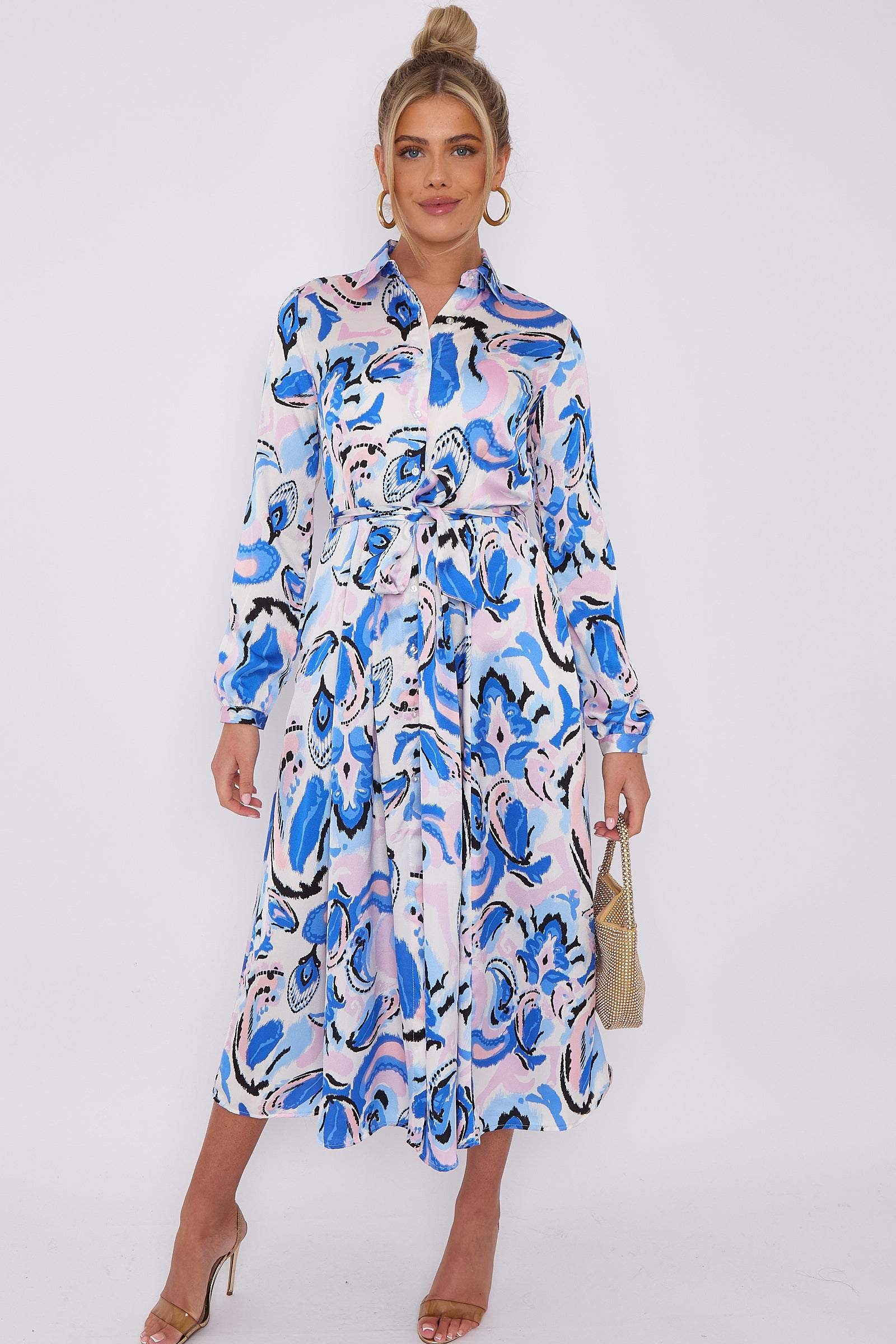 Blue Paisley Print White Satin Midaxi Shirt Dress LS-2037-C102