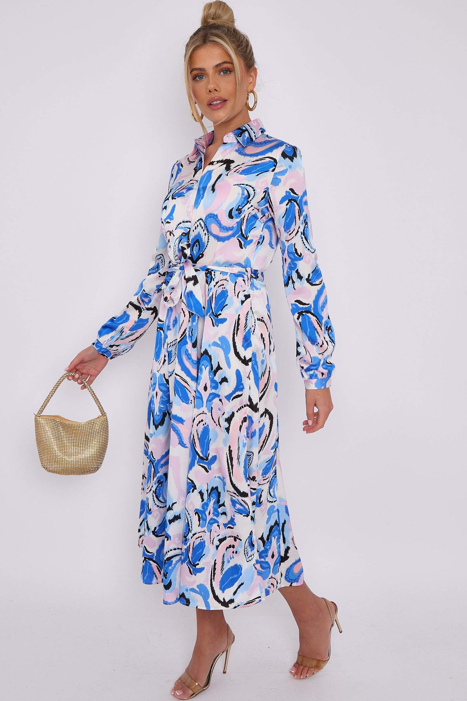 Blue Paisley Print White Satin Midaxi Shirt Dress LS-2037-C102