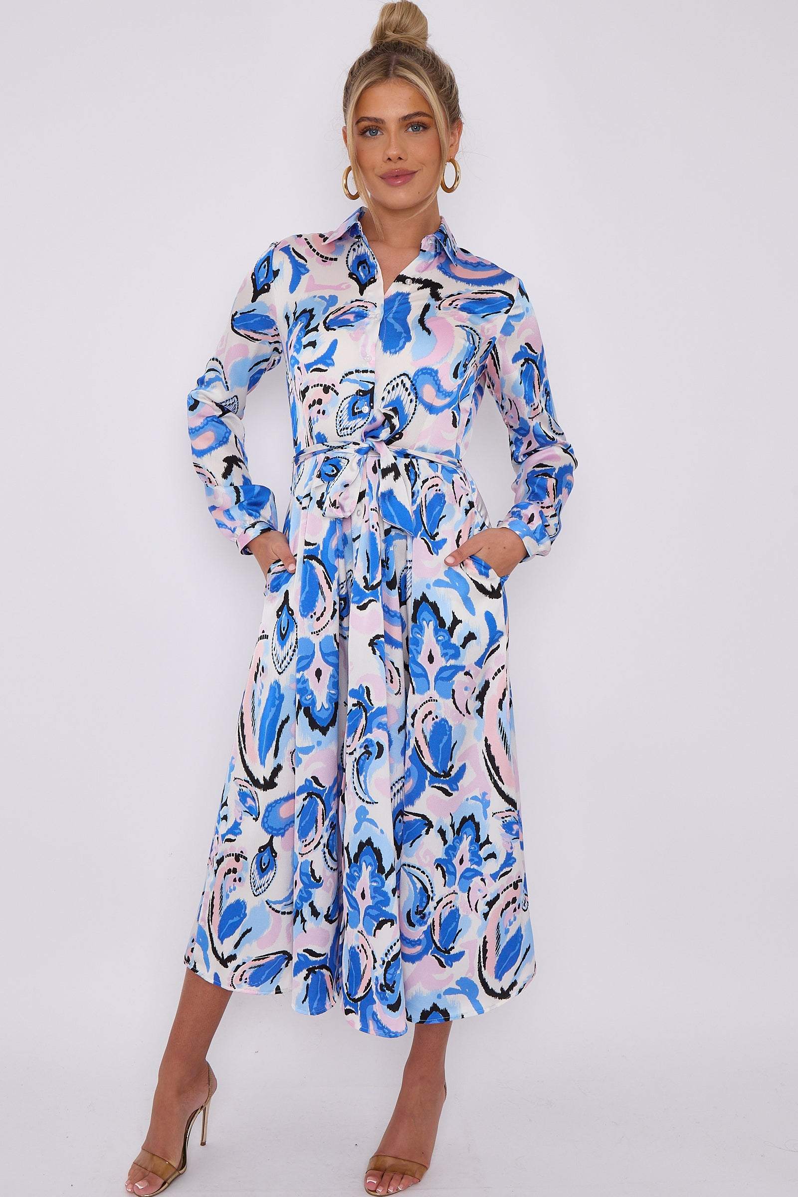 Blue Paisley Print White Satin Midaxi Shirt Dress LS-2037-C102