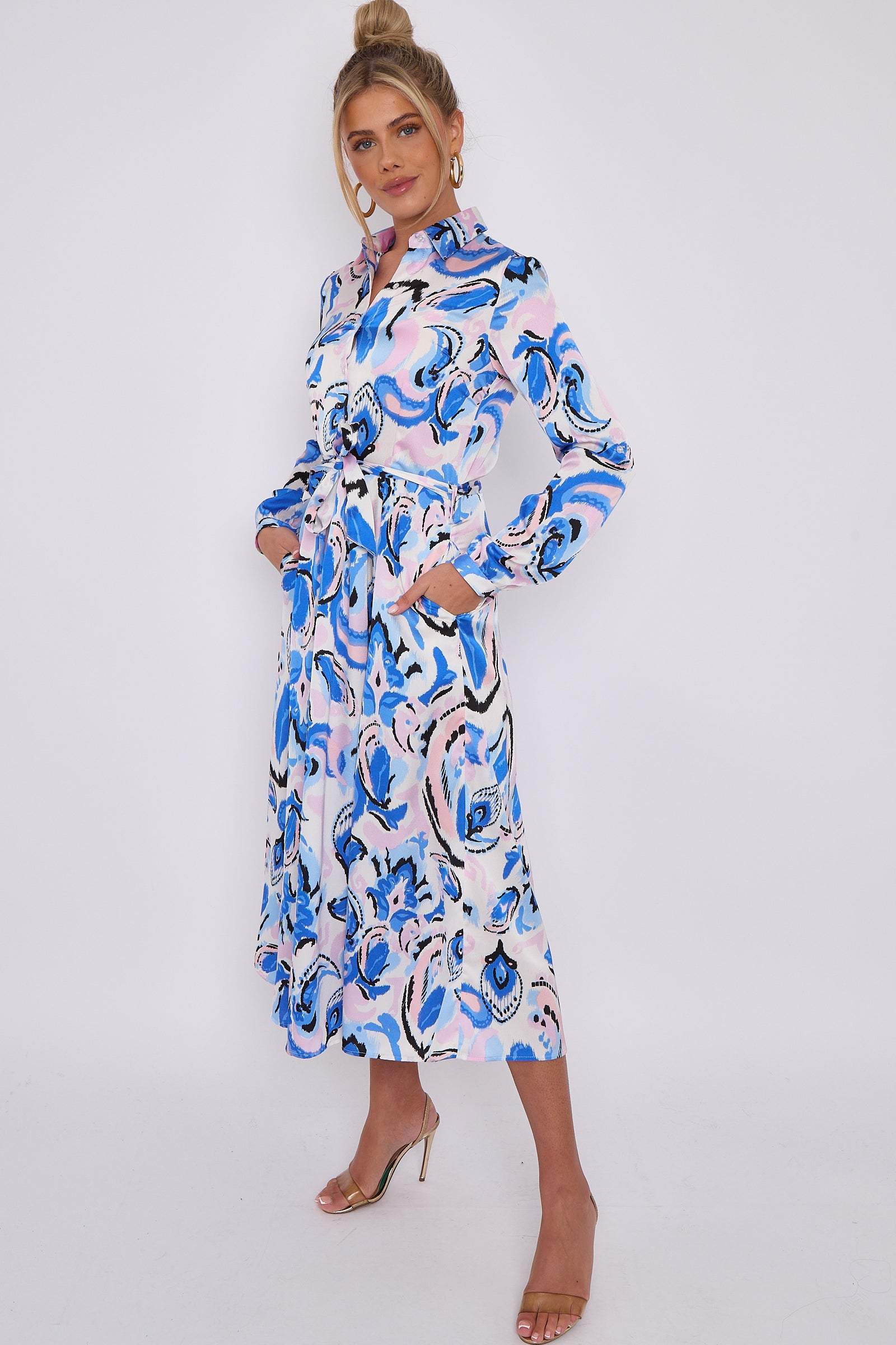 Blue Paisley Print White Satin Midaxi Shirt Dress LS-2037-C102