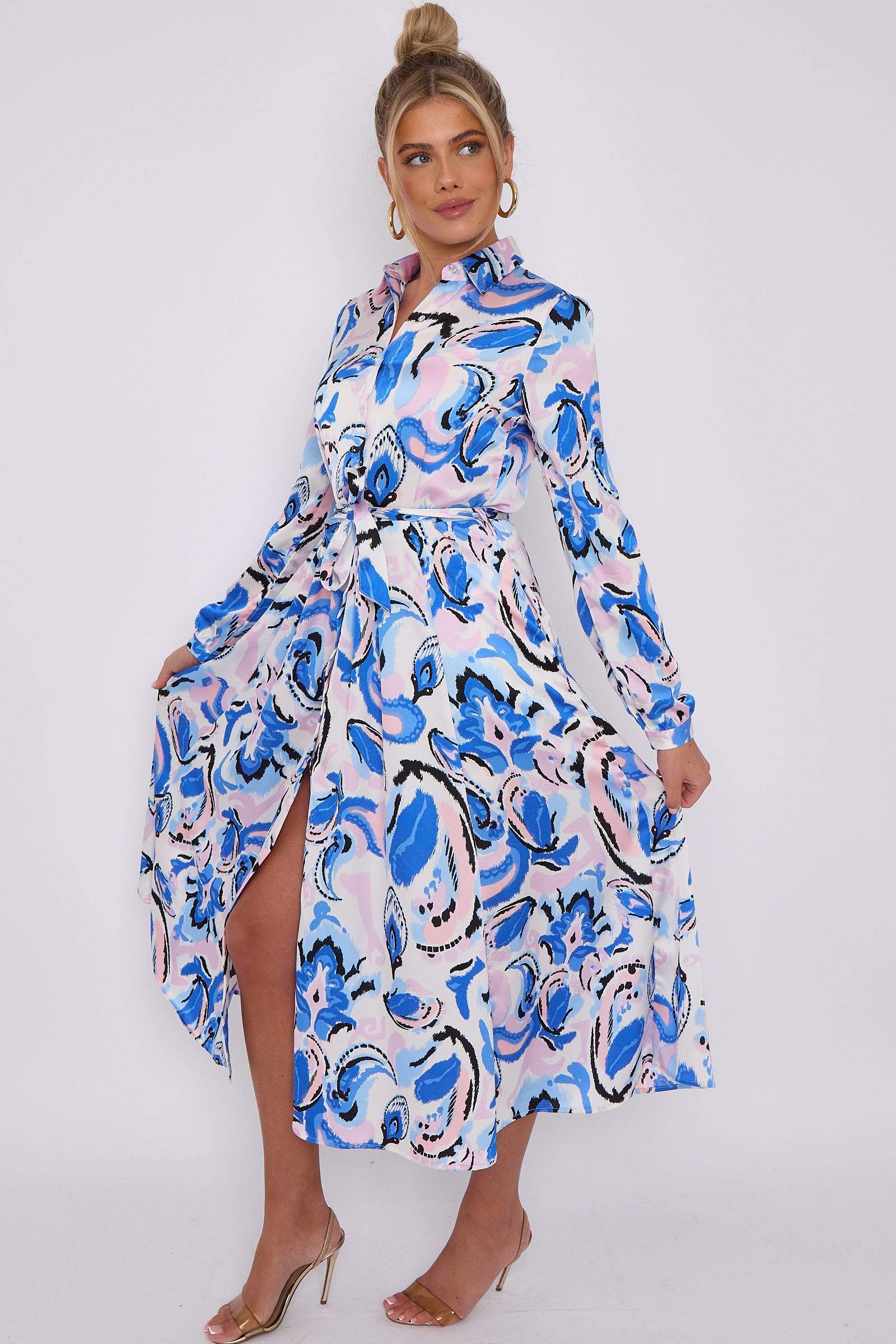 Blue Paisley Print White Satin Midaxi Shirt Dress LS-2037-C102