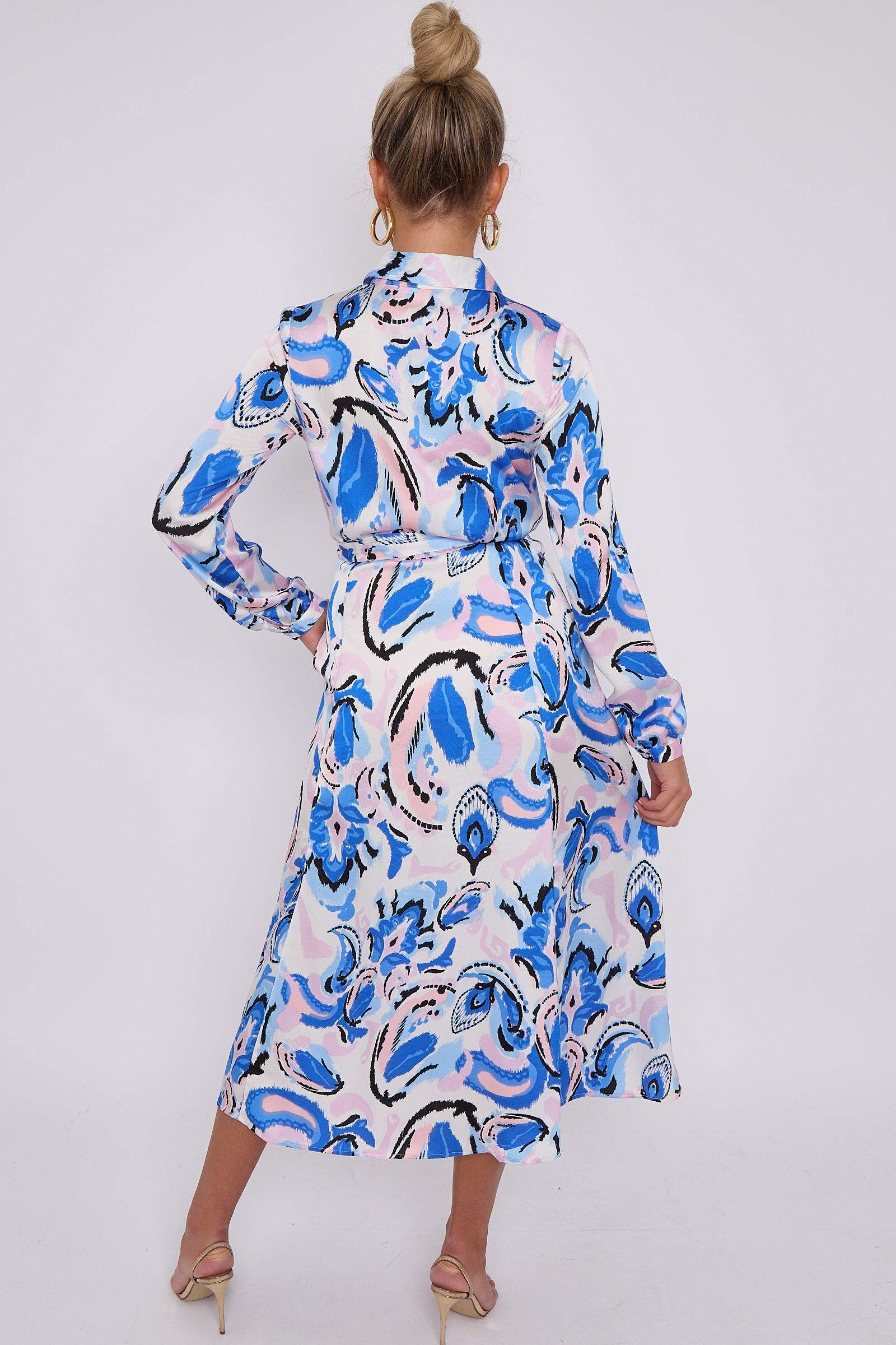 Blue Paisley Print White Satin Midaxi Shirt Dress LS-2037-C102