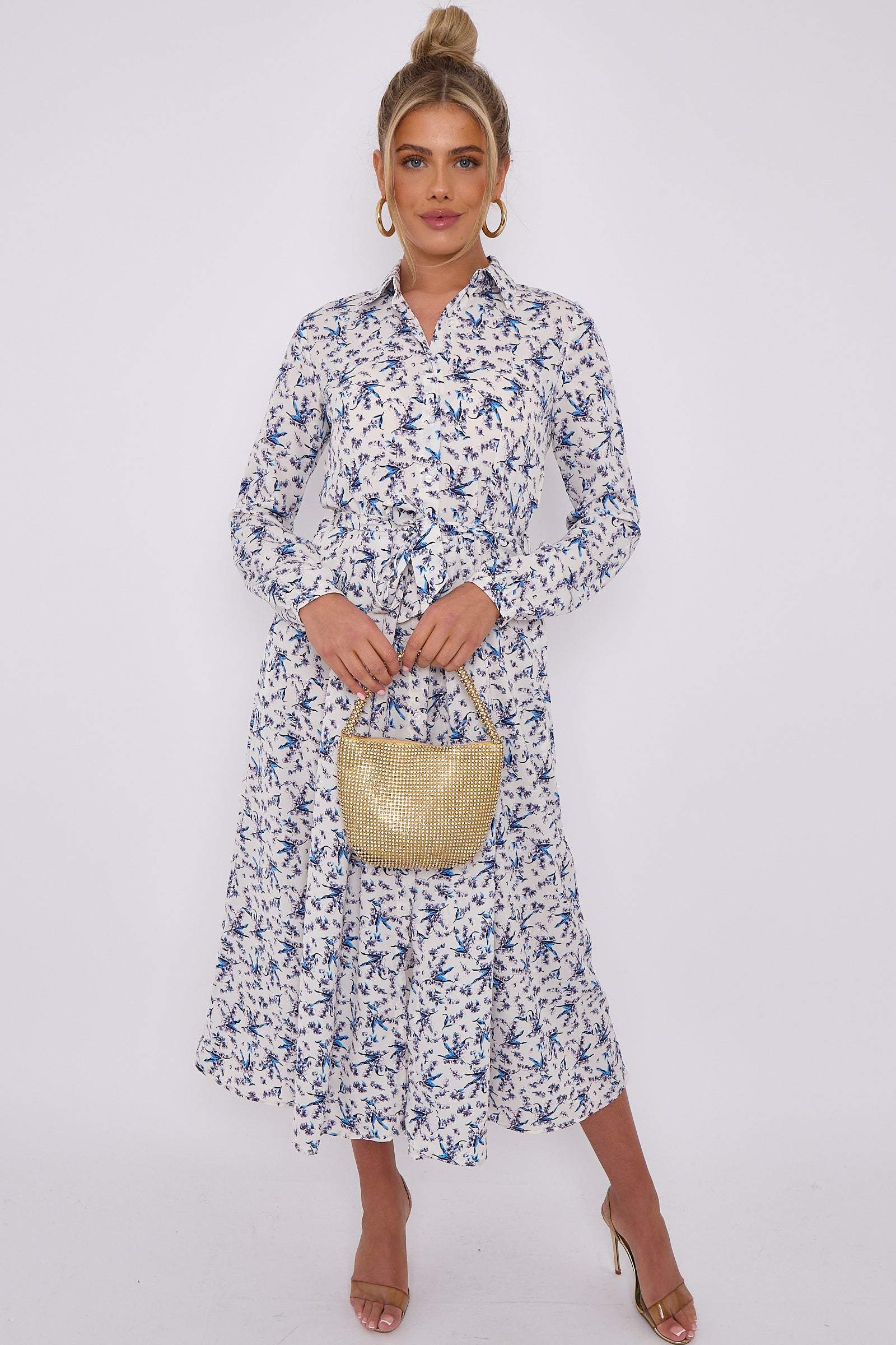 Blue Floral Print White Long Sleeve Midaxi Shirt Dress LS-2037-C104