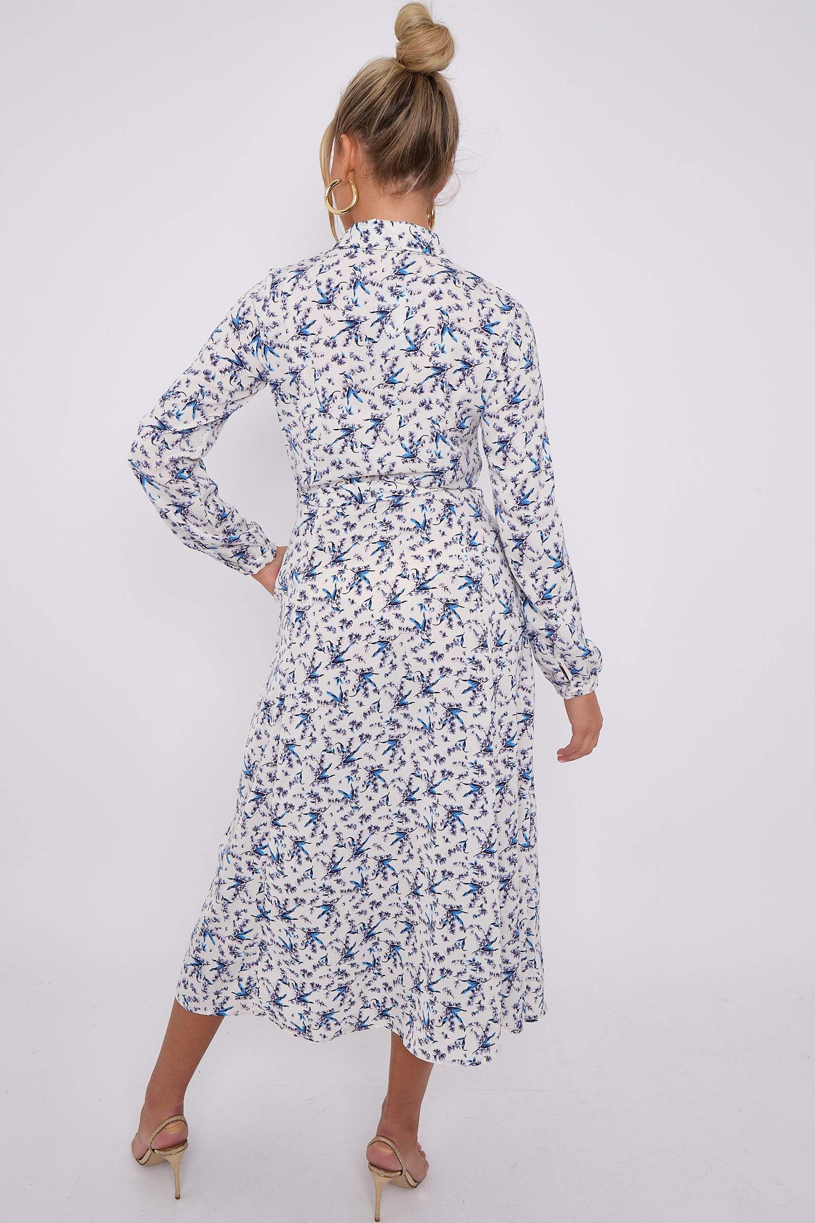 Blue Floral Print White Long Sleeve Midaxi Shirt Dress LS-2037-C104