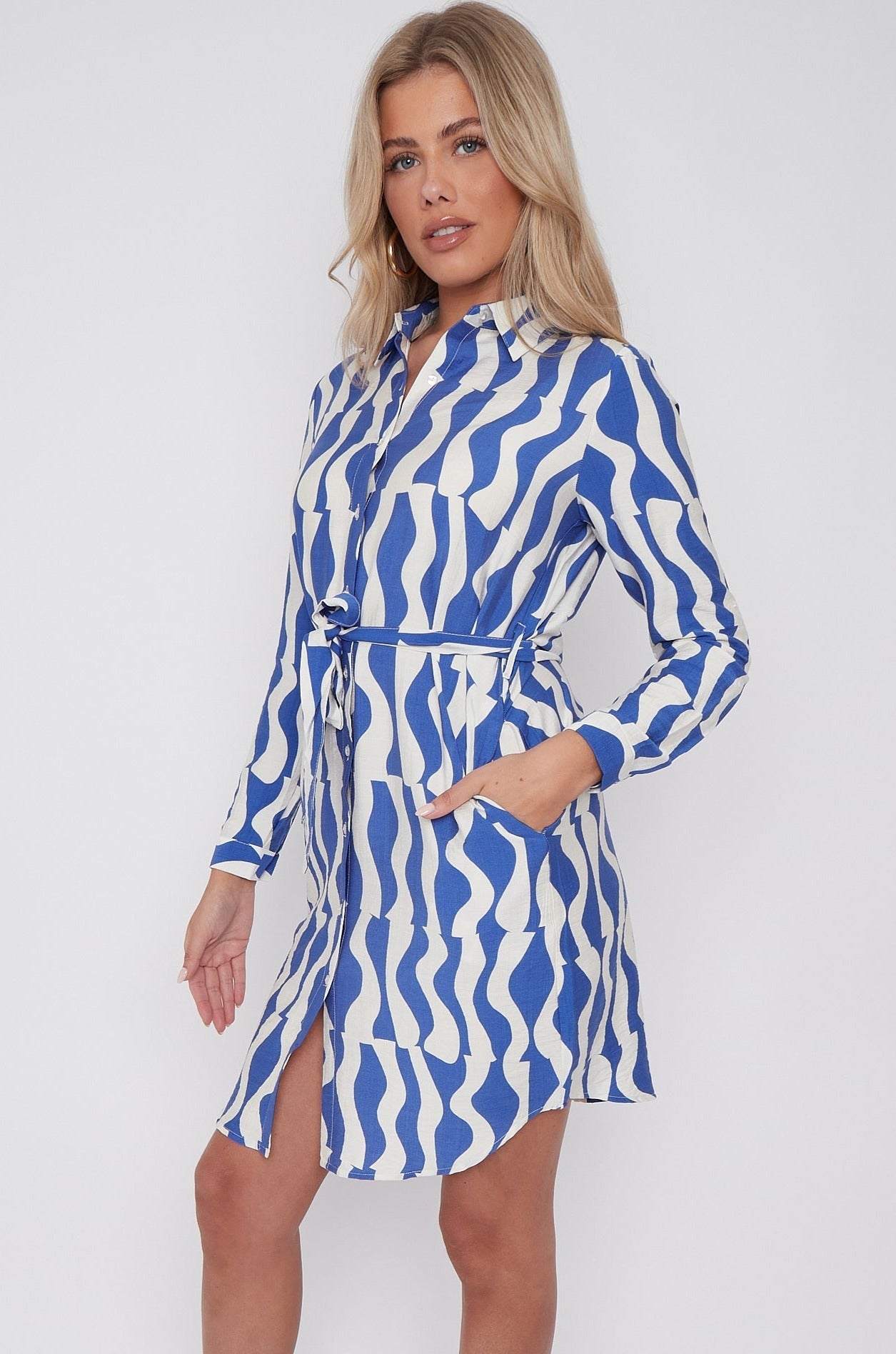 Blue Geo Pattern Print Mini Shirt Dress LS-5026-R80