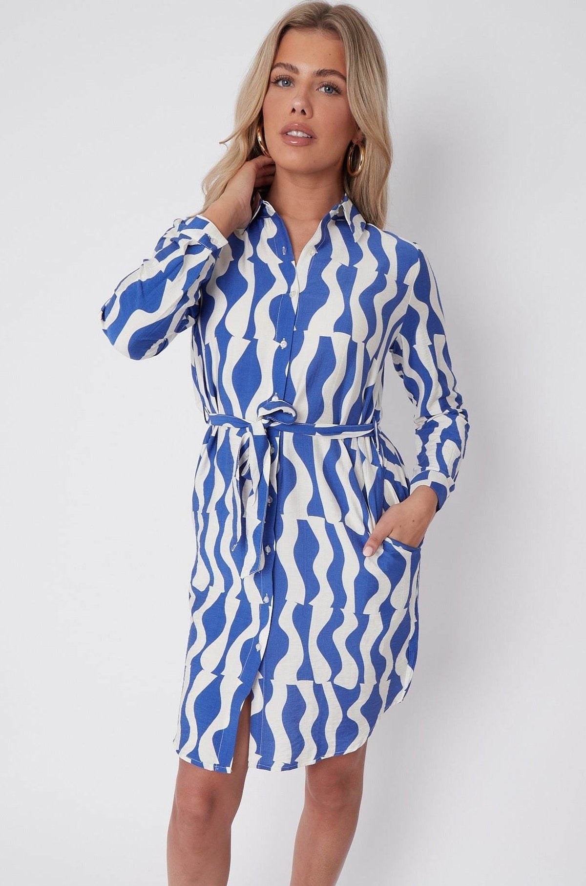 Blue Geo Pattern Print Mini Shirt Dress LS-5026-R80