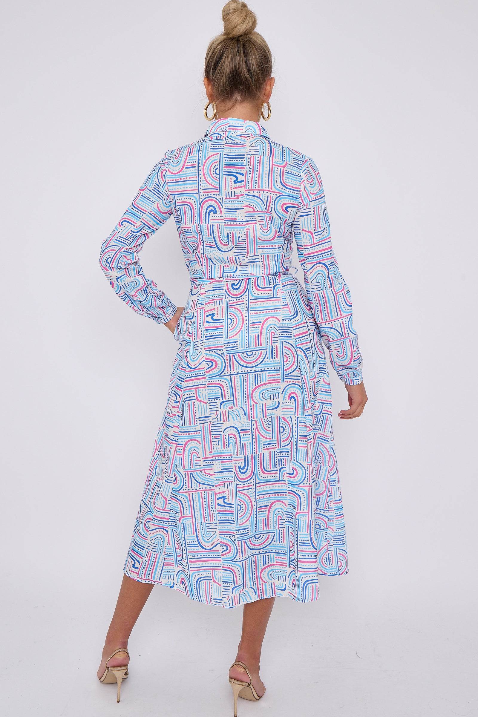 Blue Graphic Dot Print Midaxi Shirt Dress LS-2037-C109