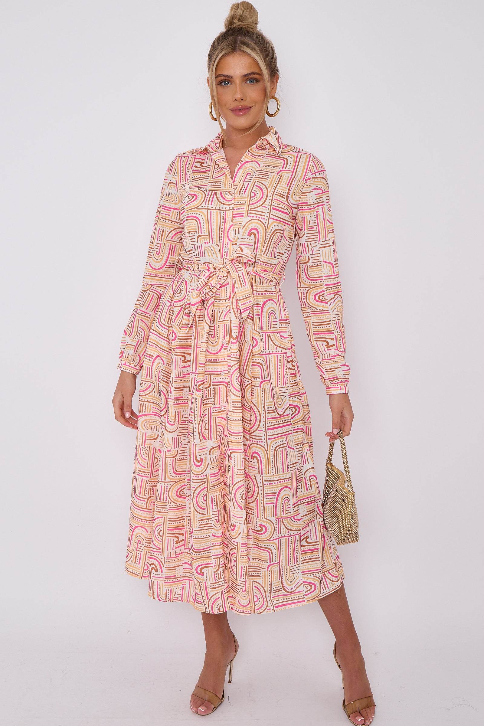 Pink Graphic Dot Print Midaxi Shirt Dress LS-2037-C110