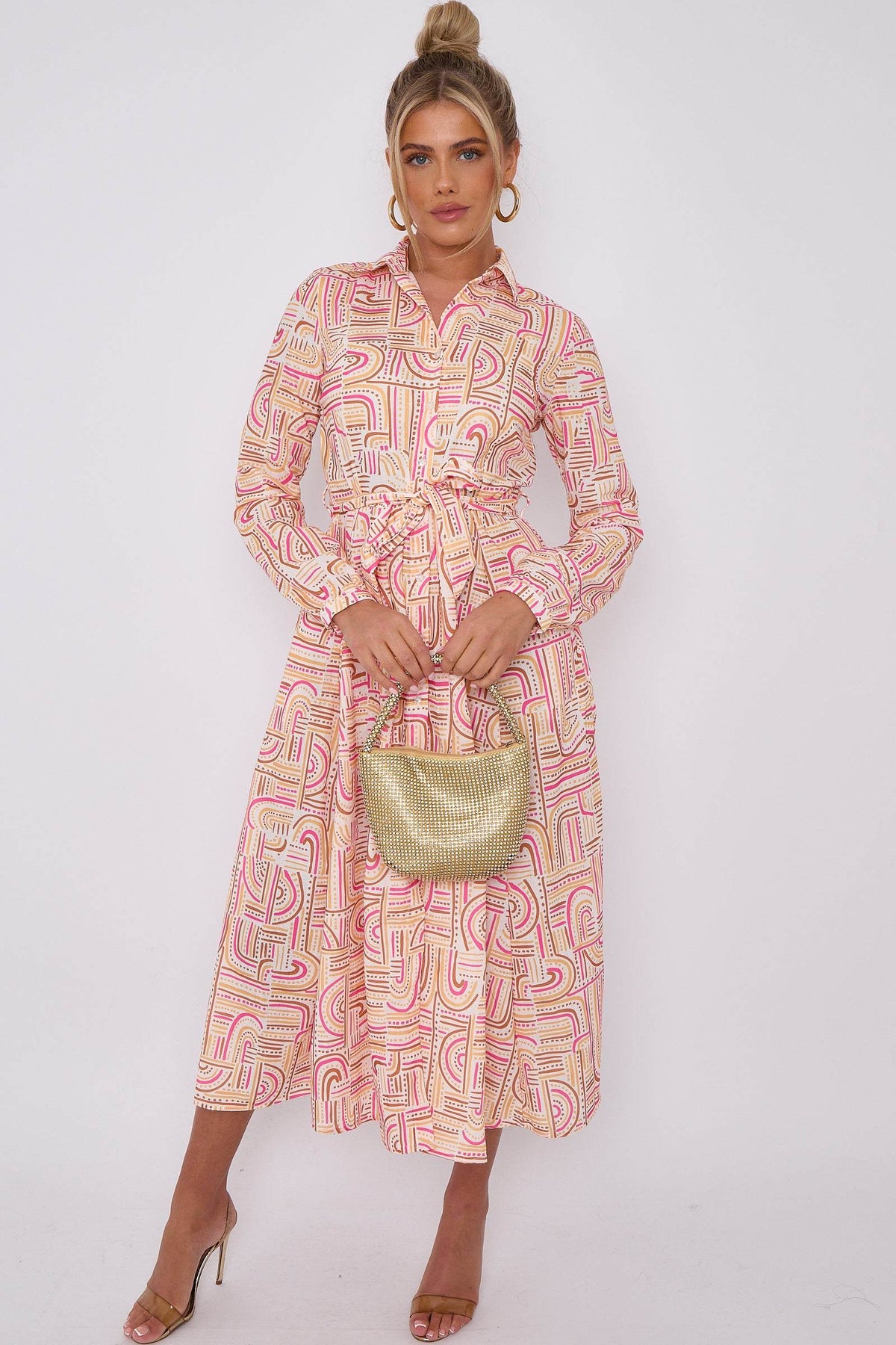 Pink Graphic Dot Print Midaxi Shirt Dress LS-2037-C110