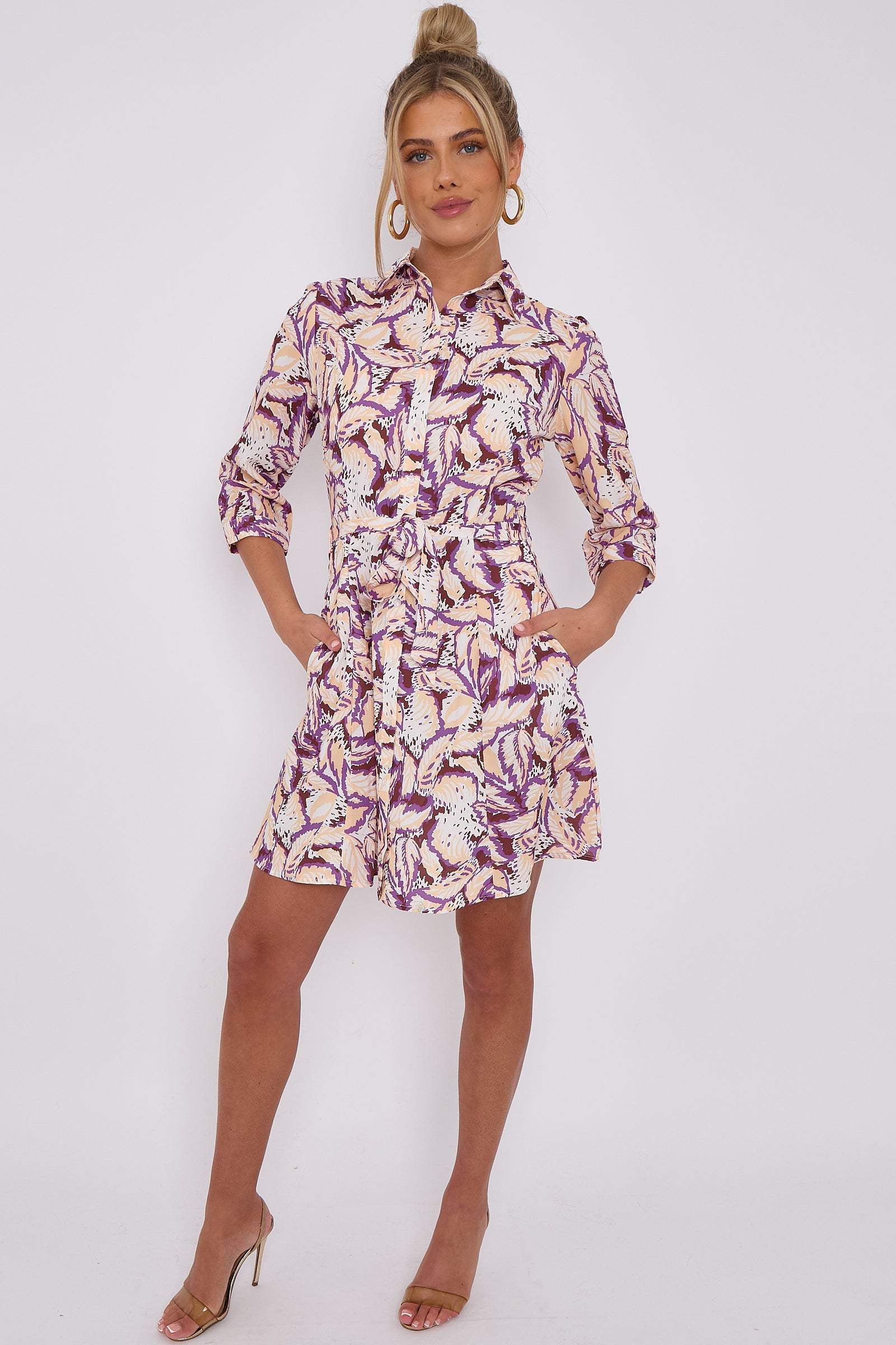 Purple Leaf Print Mini Shirt Dress LS2143-G22