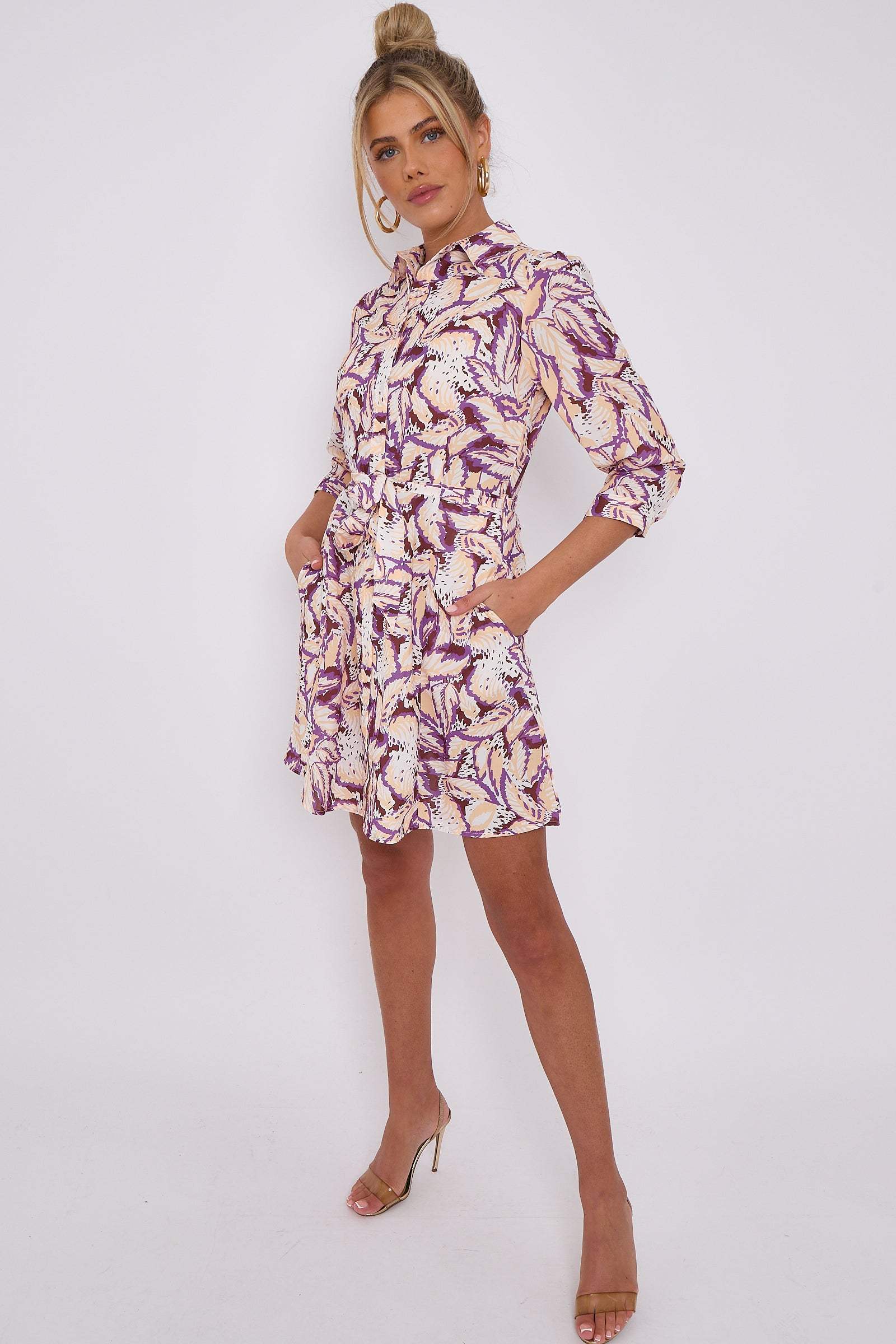 Purple Leaf Print Mini Shirt Dress LS2143-G22