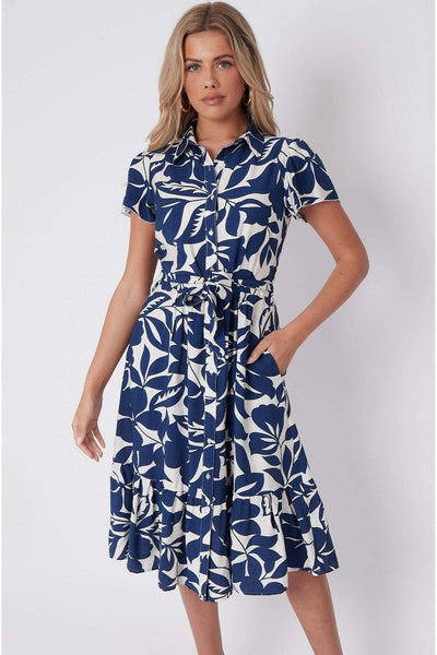 Navy - Navy Leaf Printed Short Sleeve Midi Dress by LOVE SUNSHINE
